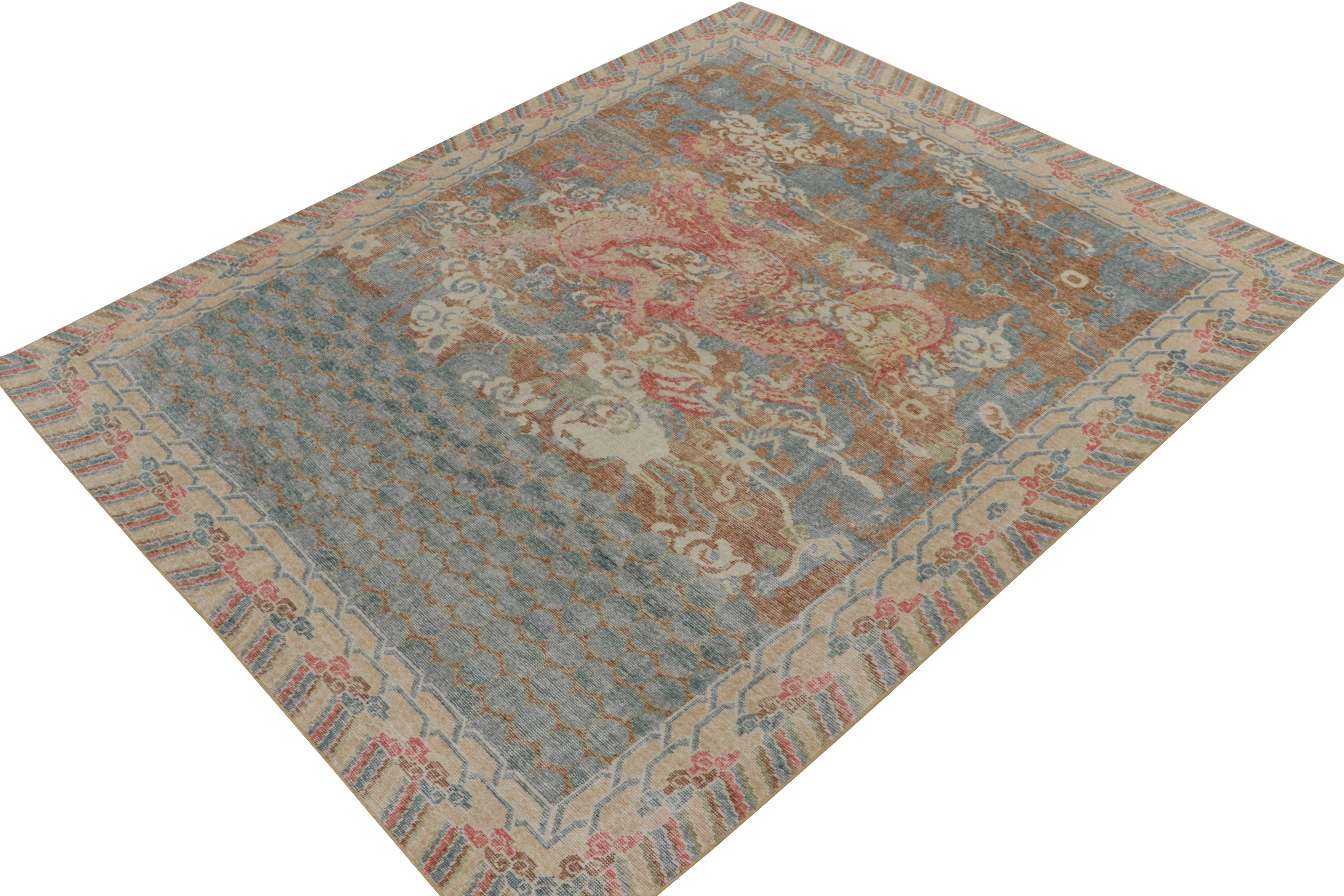 Indian Rug & Kilim's Distressed Style Dragon Rug in Brown, Blue, Red Pictorials For Sale