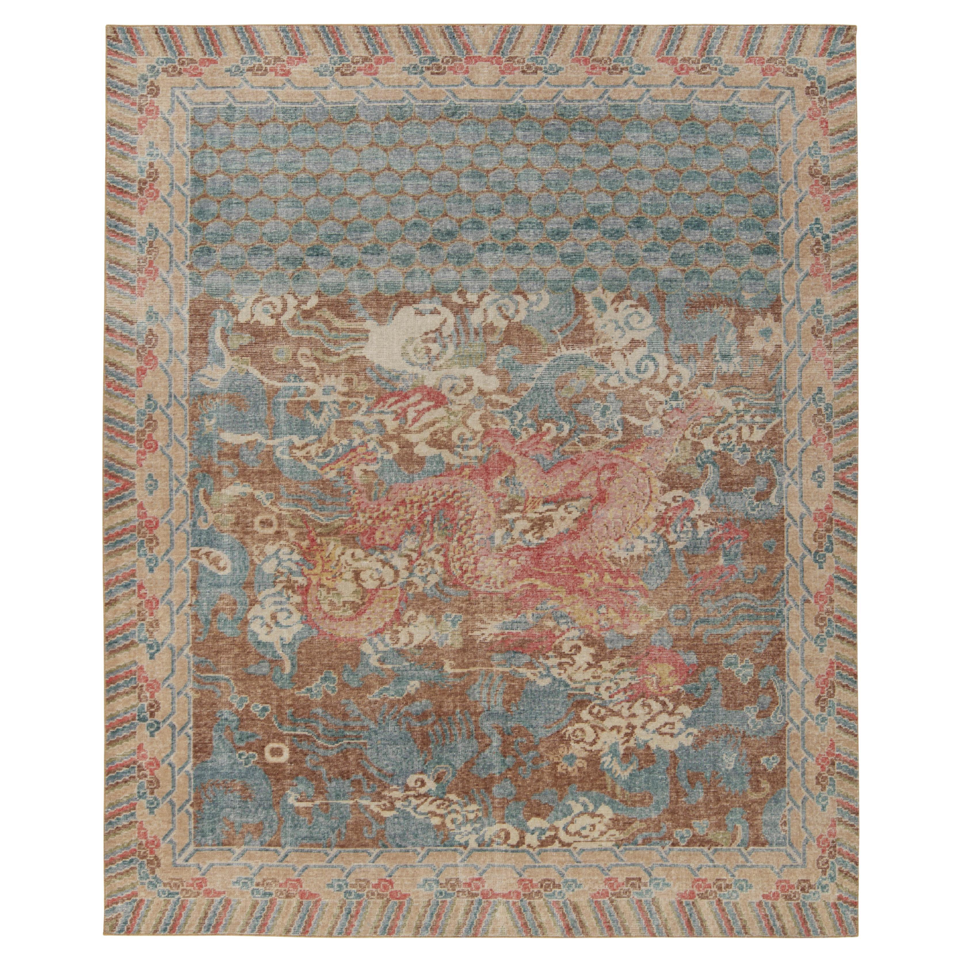 Rug & Kilim's Distressed Style Dragon Rug in Brown, Blue, Red Pictorials