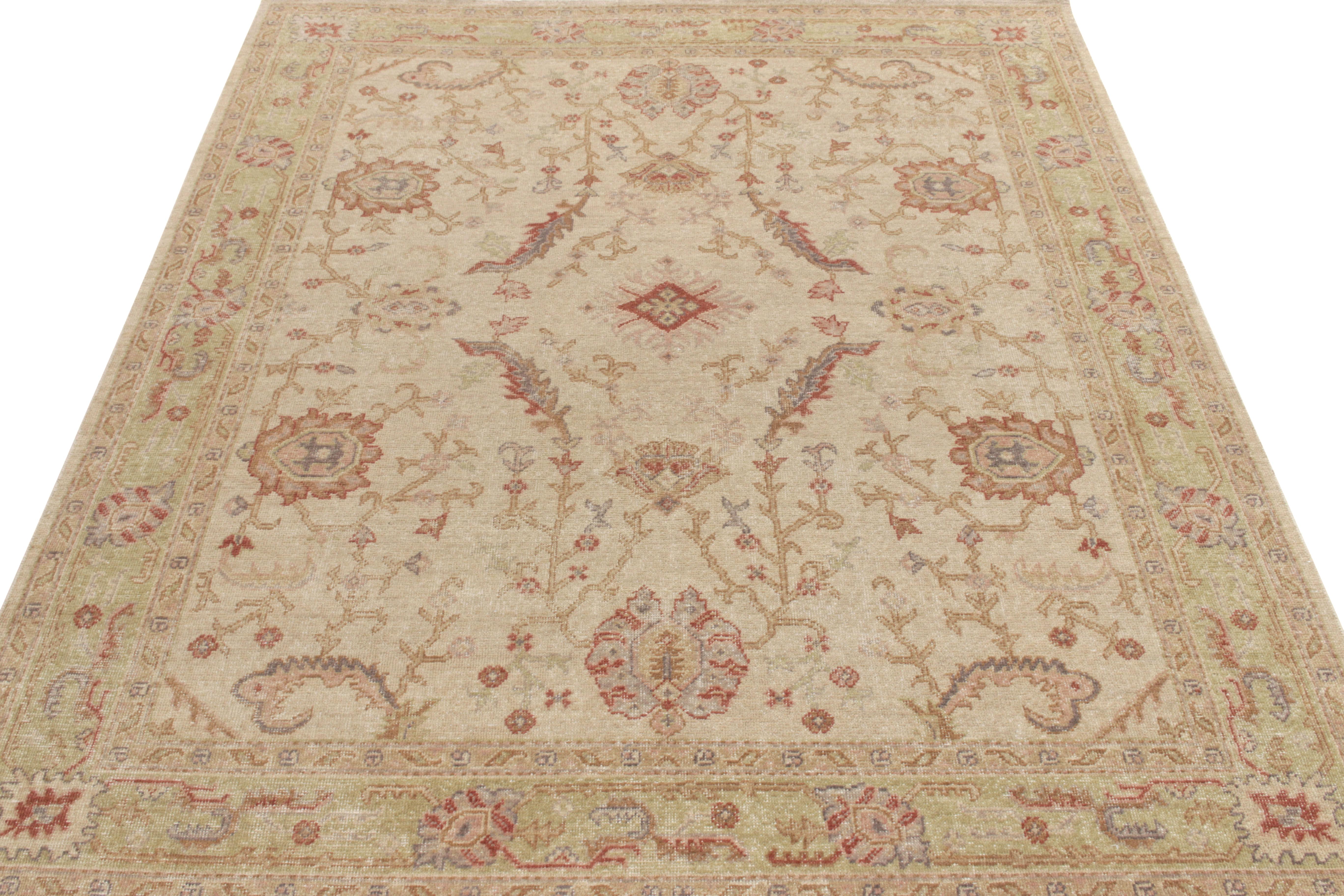 A classic custom rendering from Rug & Kilim’s Homage collection paying tribute to the celebrated Oushak style of rugs. Hand-knotted in wool, this 8x10 example rug braces a comforting cream-brown colorway perfectly flowing with the idyllic floral