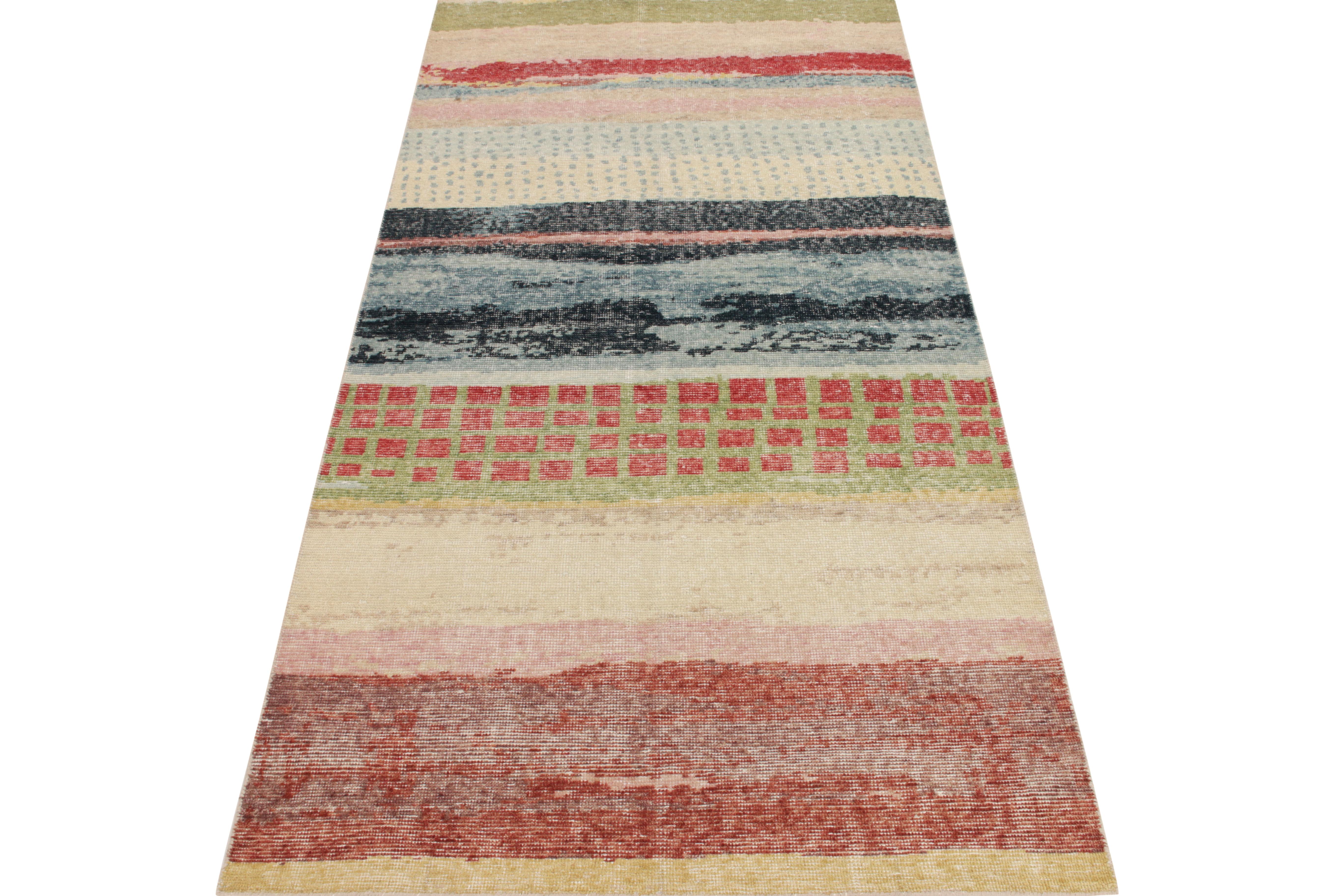 Hand-knotted in wool, a 4 x 8 custom abstract vision from Rug & Kilim’s Homage collection. This painterly rug enjoys a riot of fun colors primarily in hues of pink, red, green, blue and beige woven artfully for unparalleled pagination & movement in