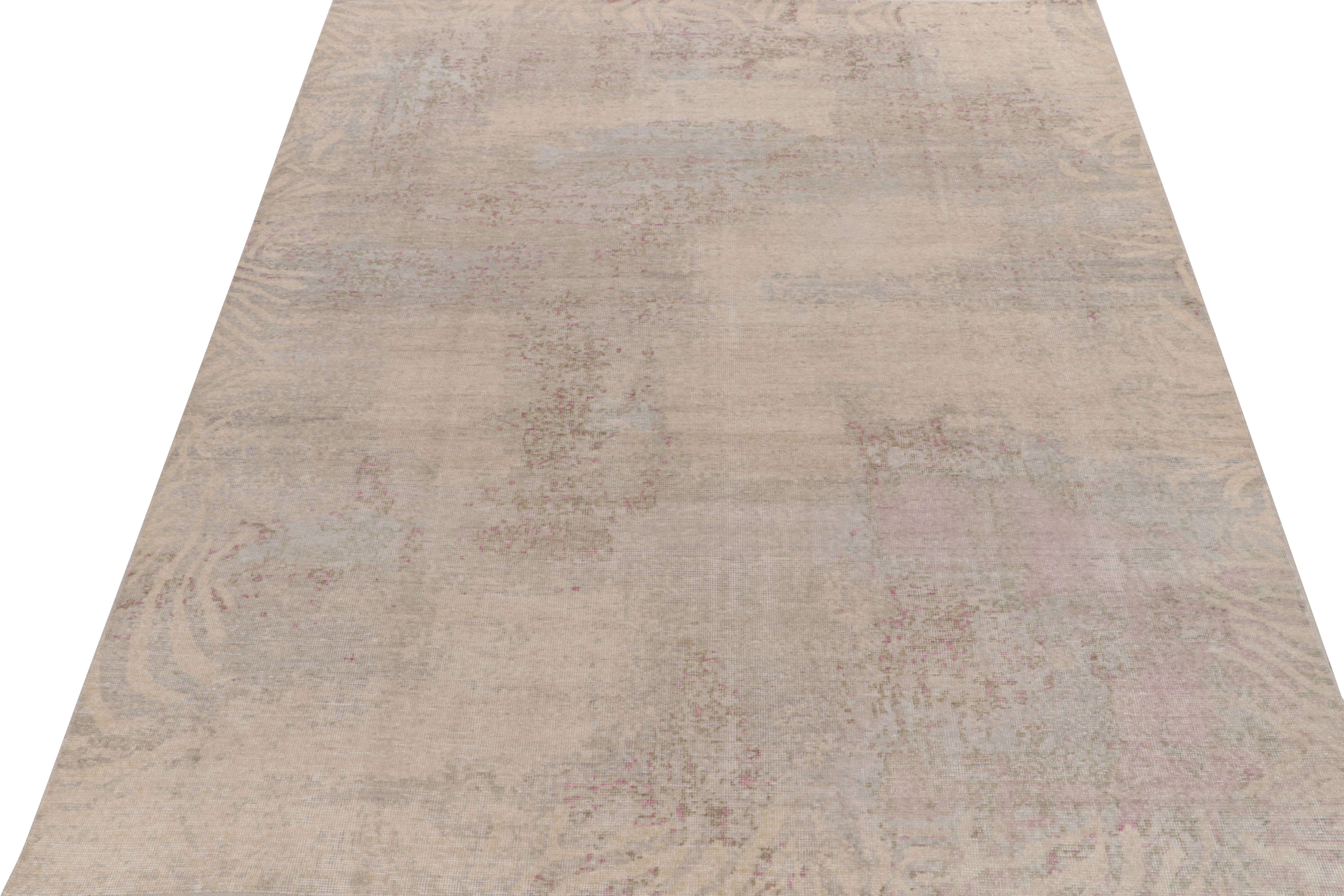 Indian Rug & Kilim's Distressed Style Modern Rug in Beige-Brown, Blue Abstract Pattern For Sale