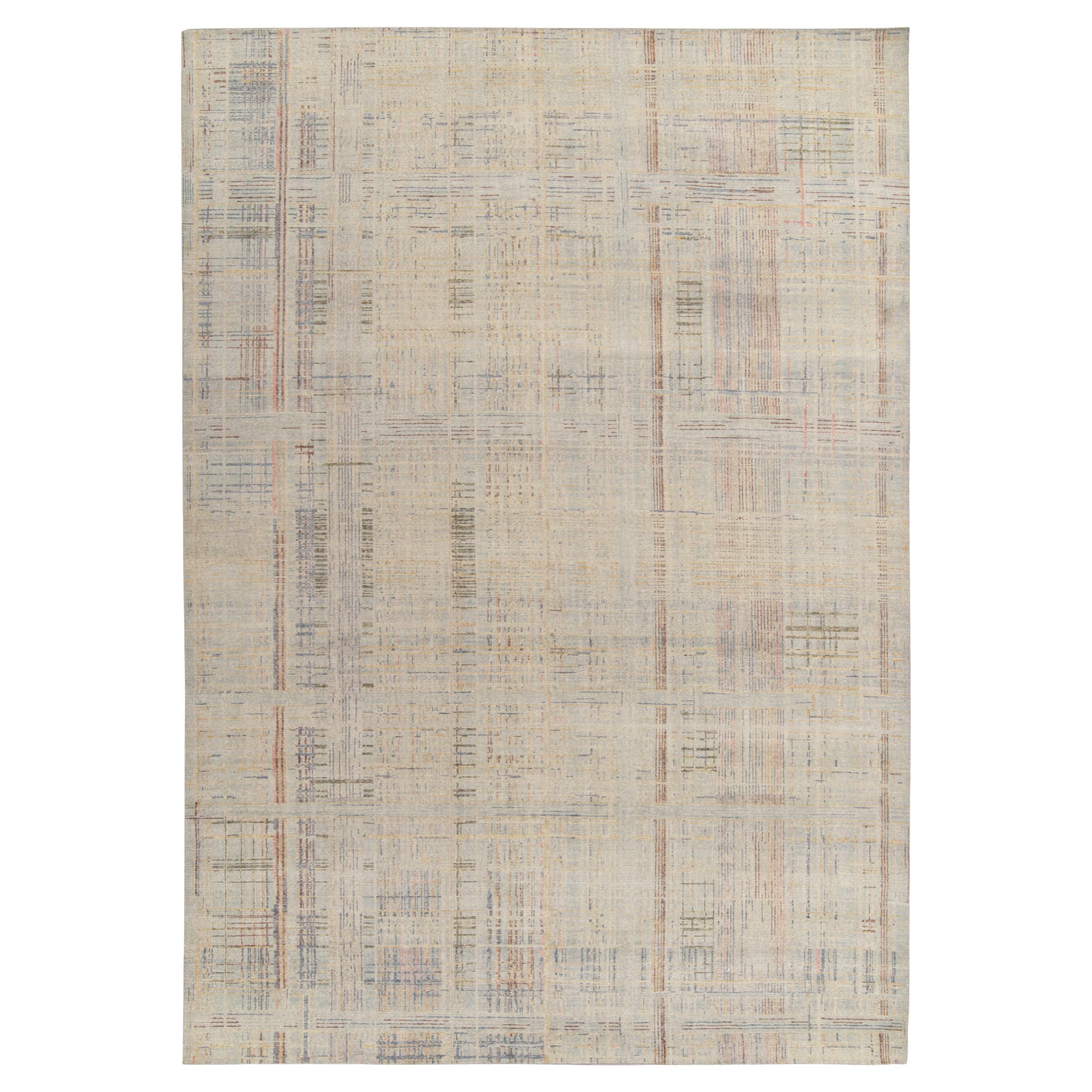 Rug & Kilim's Distressed Style Modern Rug in Blue, Beige-Grey Abstract Pattern For Sale