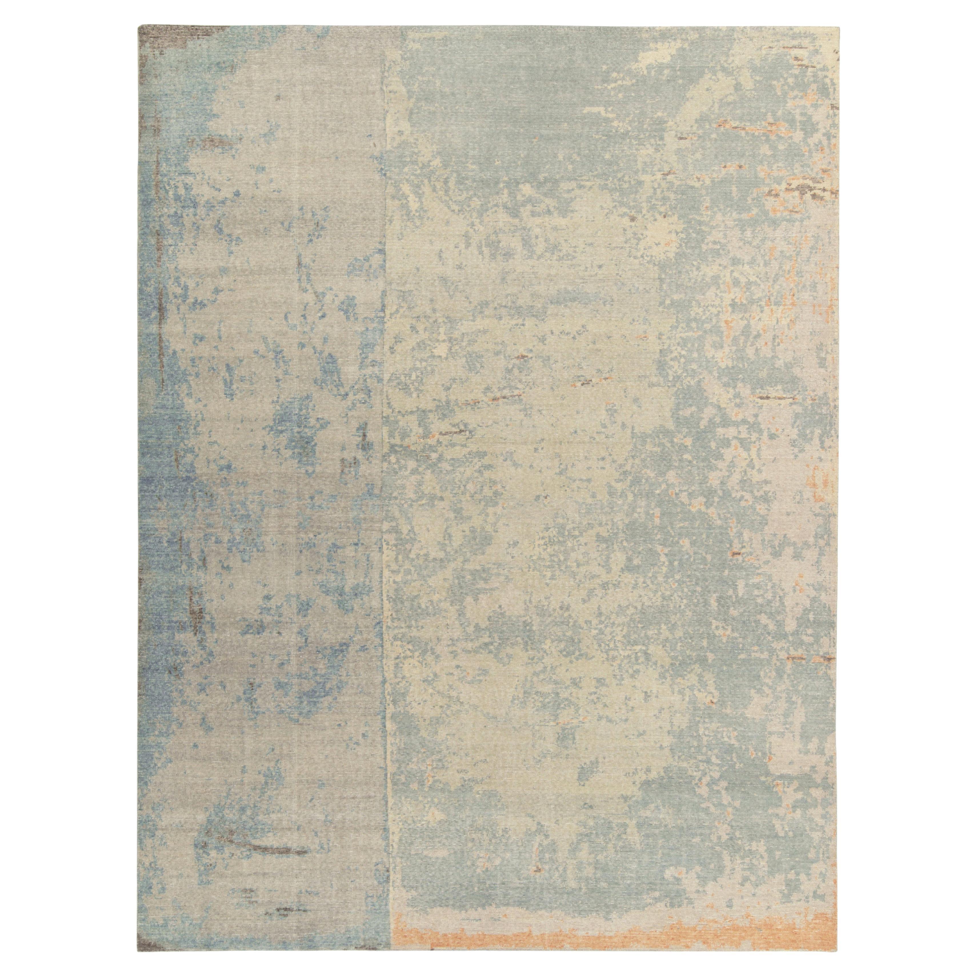 Rug & Kilim's Distressed Style Modern Rug in Blue, Gray, Beige Abstract Pattern For Sale