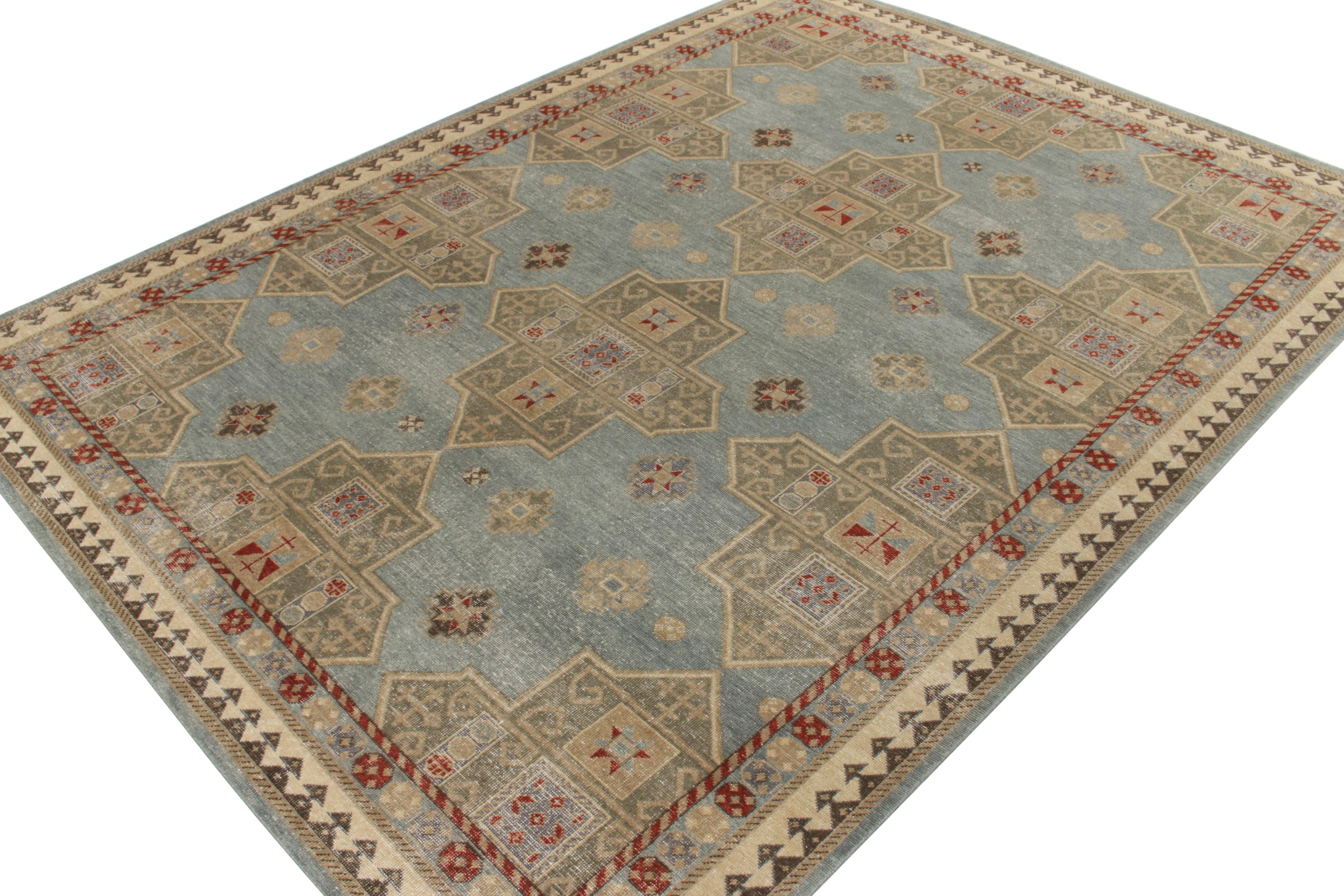 Tribal Rug & Kilim's Distressed Style Modern Rug in Blue, Gold & Red Geometric Pattern For Sale