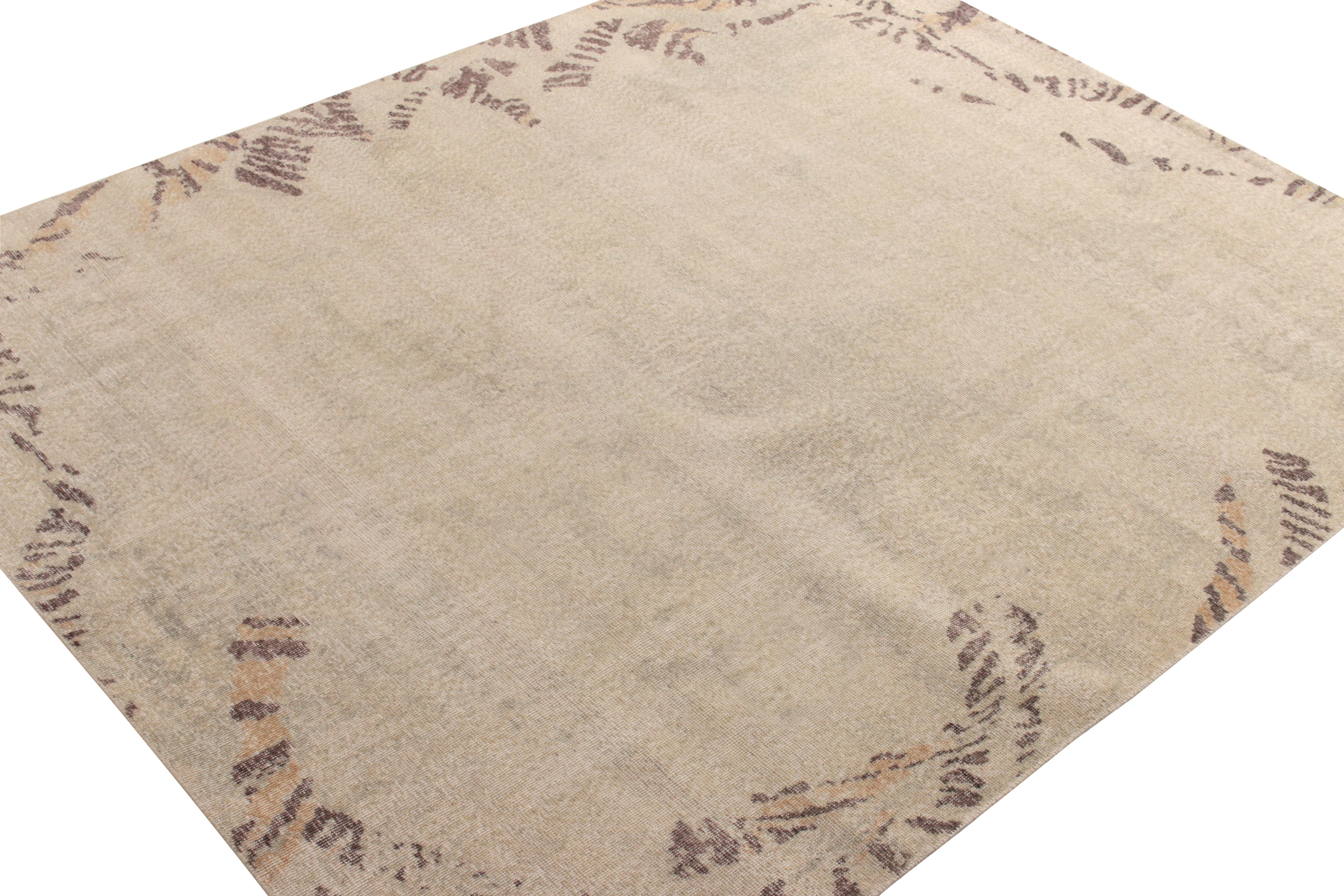 Mid-Century Modern Rug & Kilim's Distressed Style Modern Rug in Cream, Brown, Golden Open Field For Sale