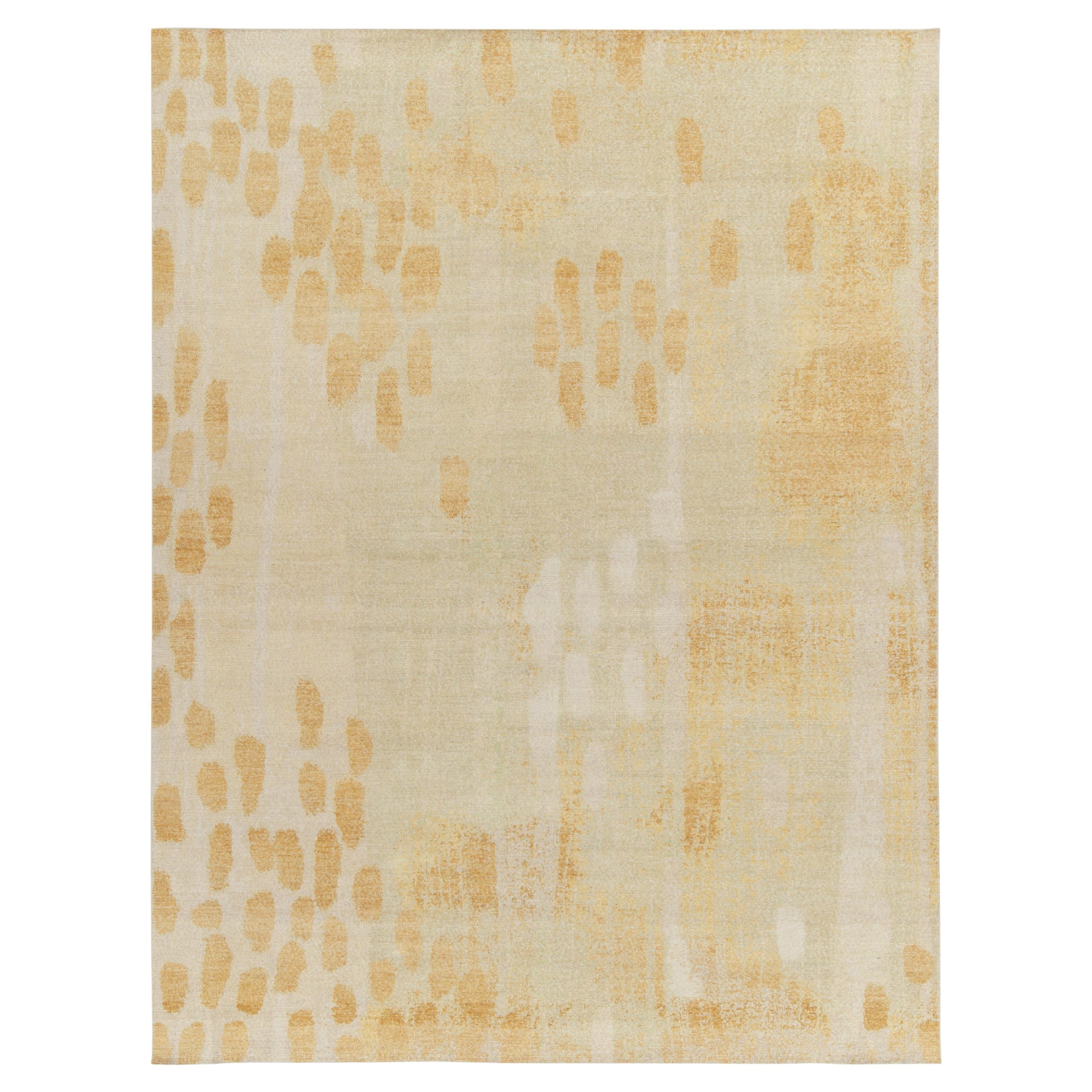 Rug & Kilim's Distressed Style Modern Rug in Cream, Gold, White Dots Pattern For Sale