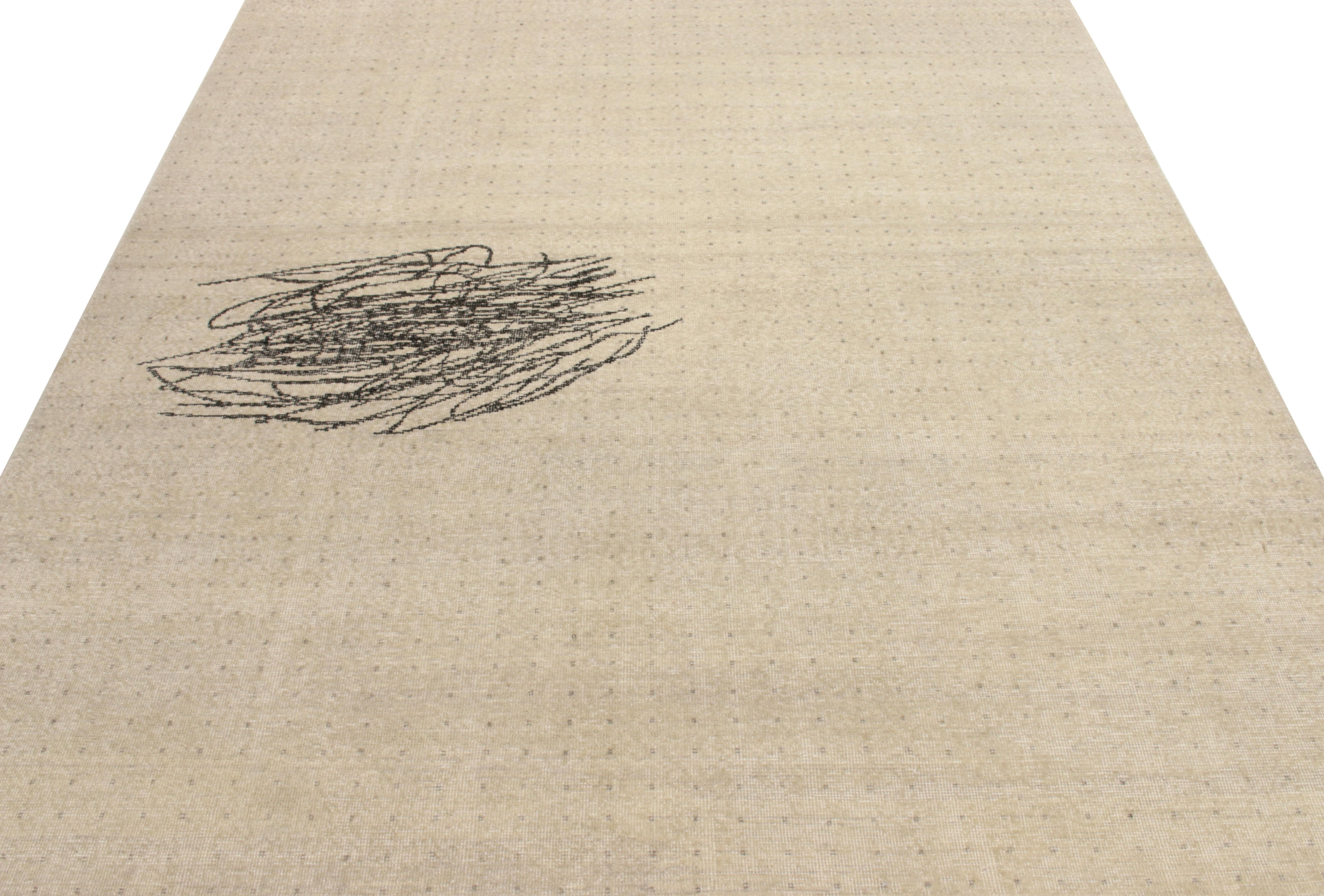 Der handgeknüpfte Wollteppich im Format 8x10 ist ein abstrakter Teppich, der mit Punkten und Kritzelmustern in Grau und Schwarz einen modernen Distressed-Stil zeigt. Aus der Homage-Kollektion von Rug & Kilim, einem pflegeleichten, angenehm zu