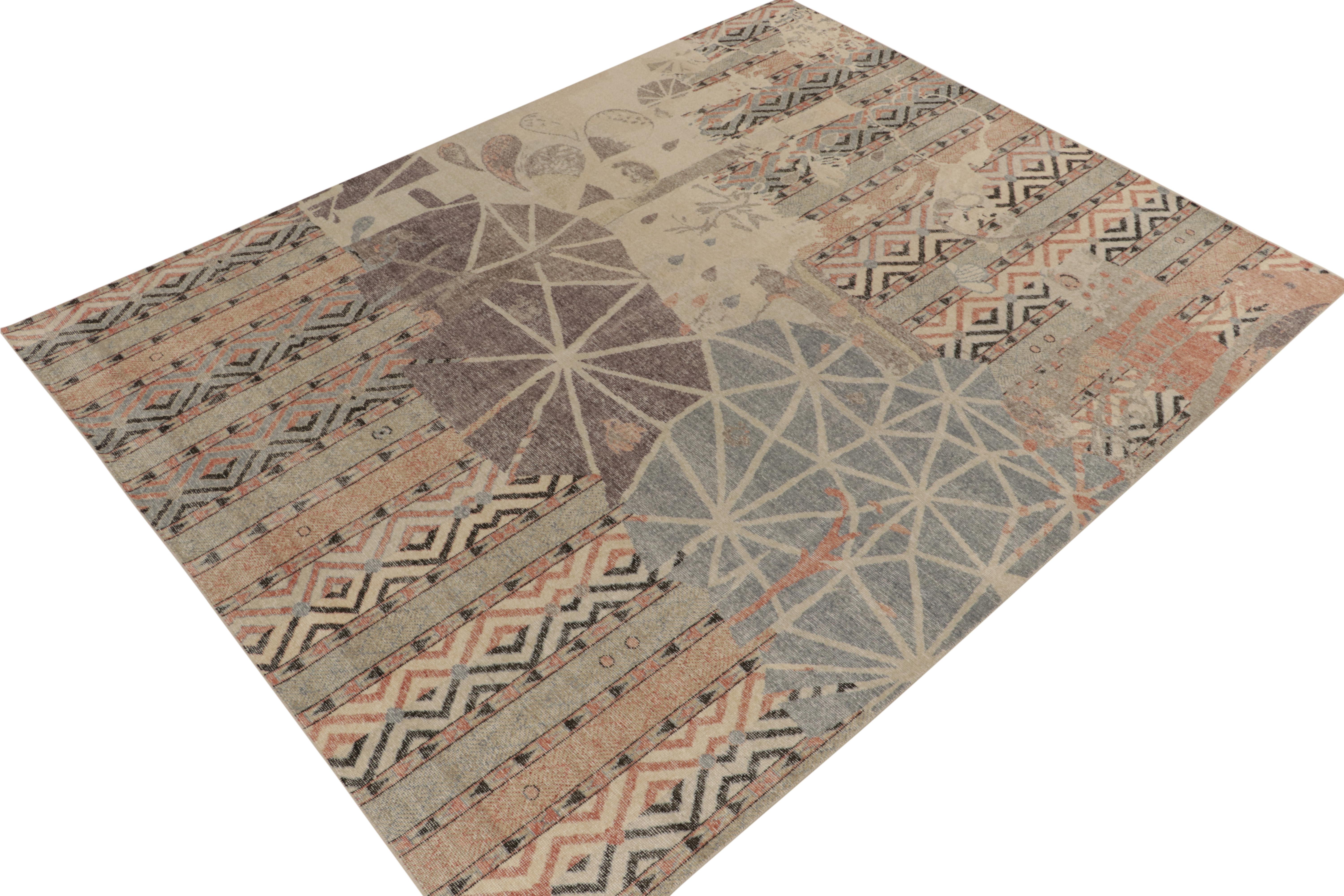 From Rug & Kilim’s Homage collection, a 9x12 distressed style rug witnessing a unique marriage of tribal and Deco elements. The vision reads a sharp geometric application for an exalted take in contemporary style emanating an enigmatic vibe in