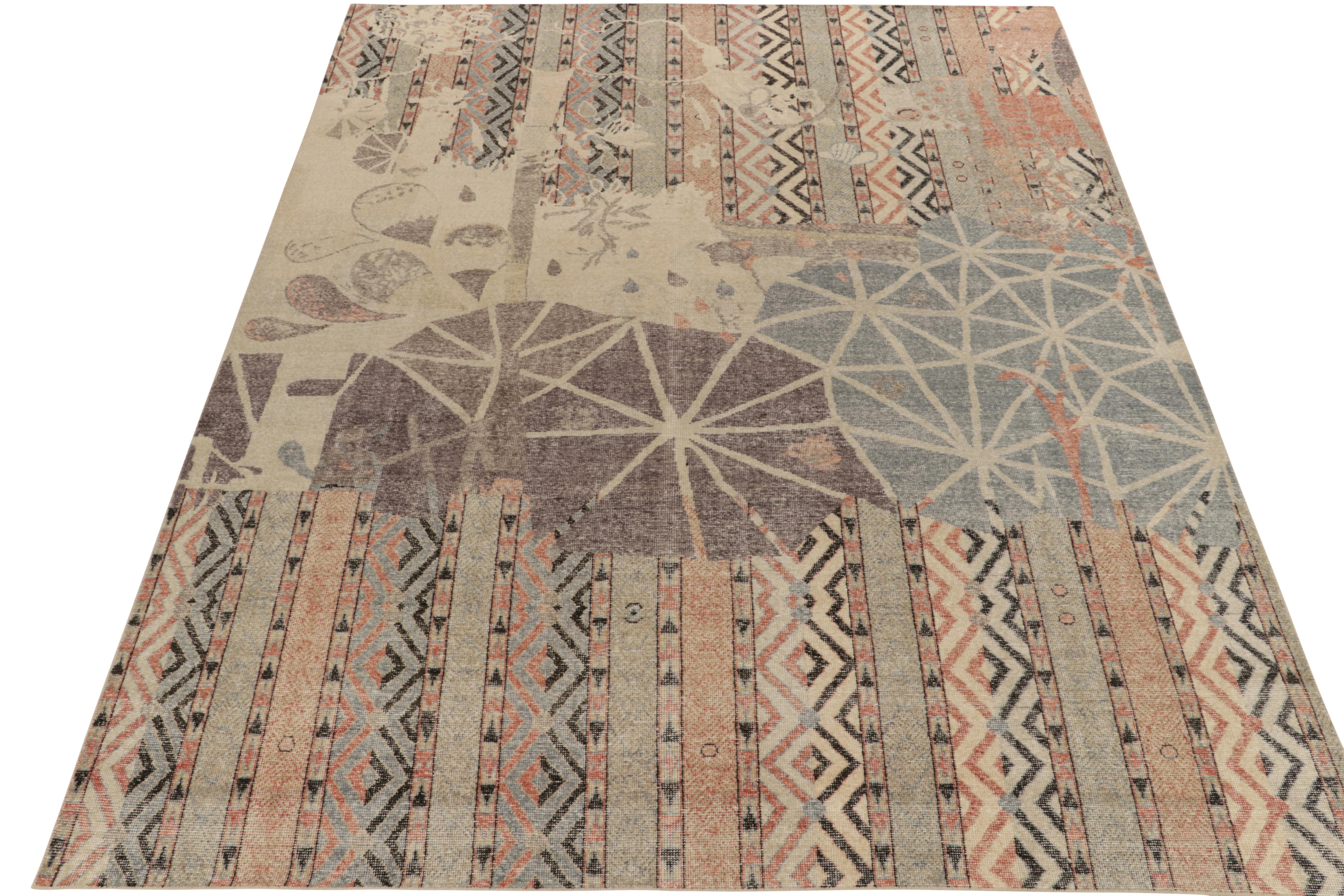 Tribal Rug & Kilim's Distressed Style Modern Rug in Greige, Multicolor Deco Pattern For Sale