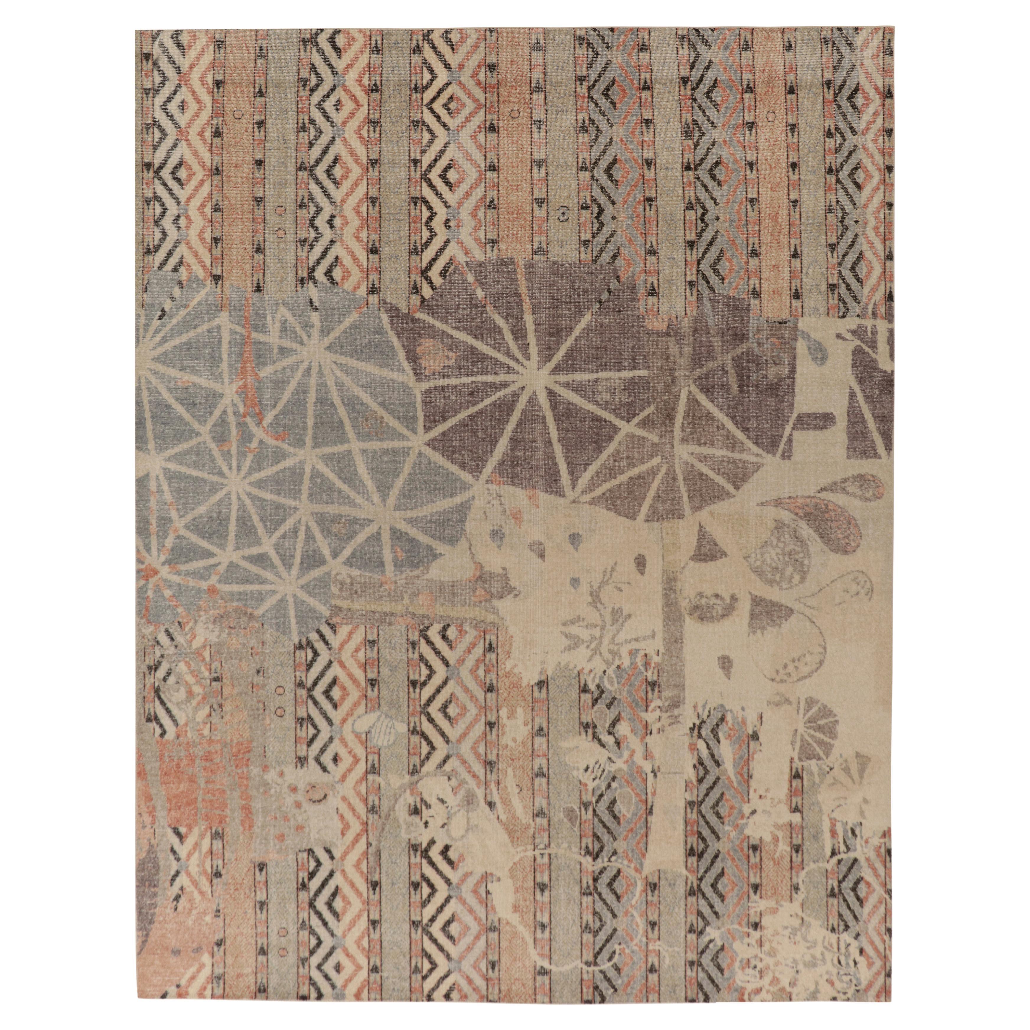 Rug & Kilim's Distressed Style Modern Rug in Greige, Multicolor Deco Pattern For Sale