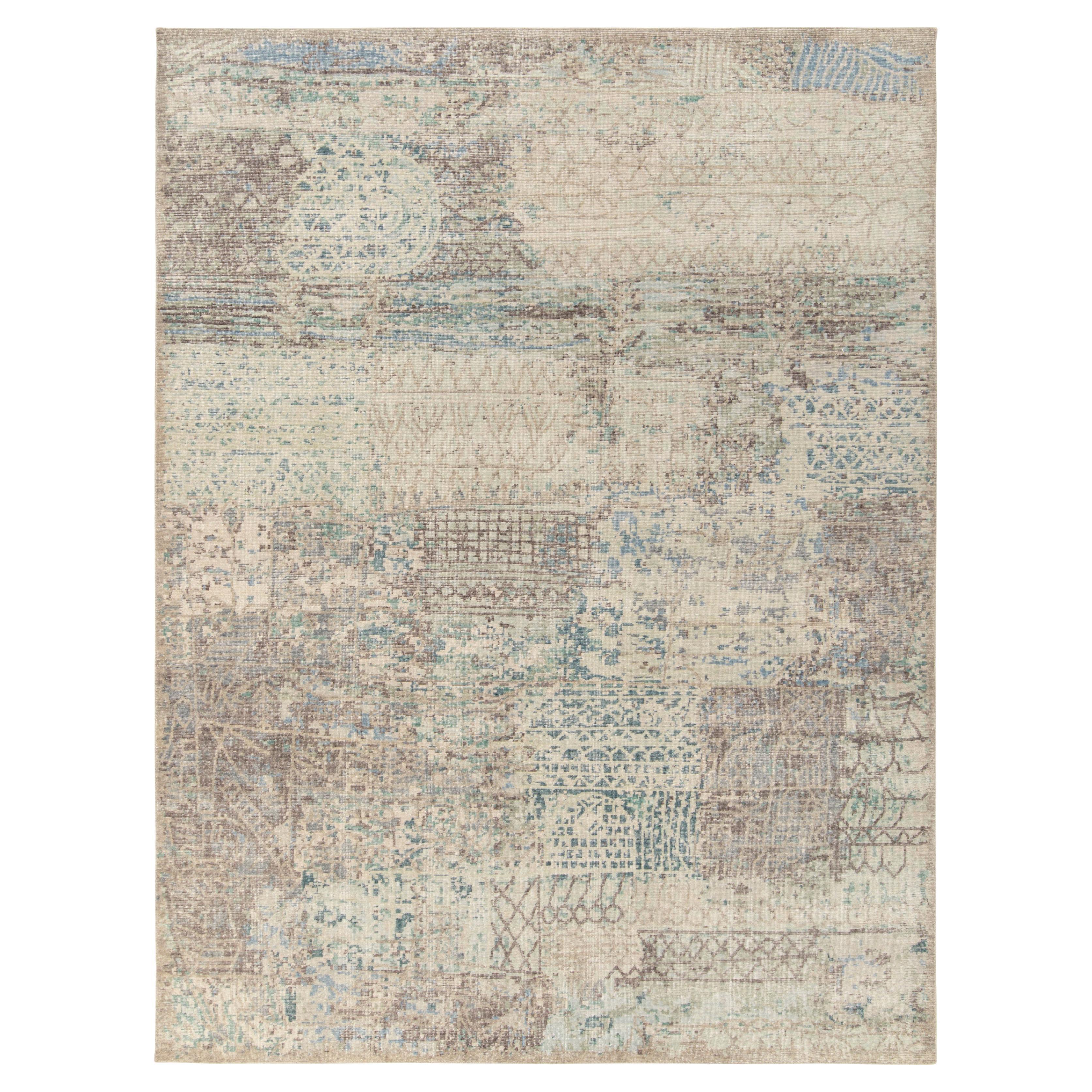 Rug & Kilim's Distressed Style Modern Rug in Silver-Gray, Blue Abstract Pattern For Sale
