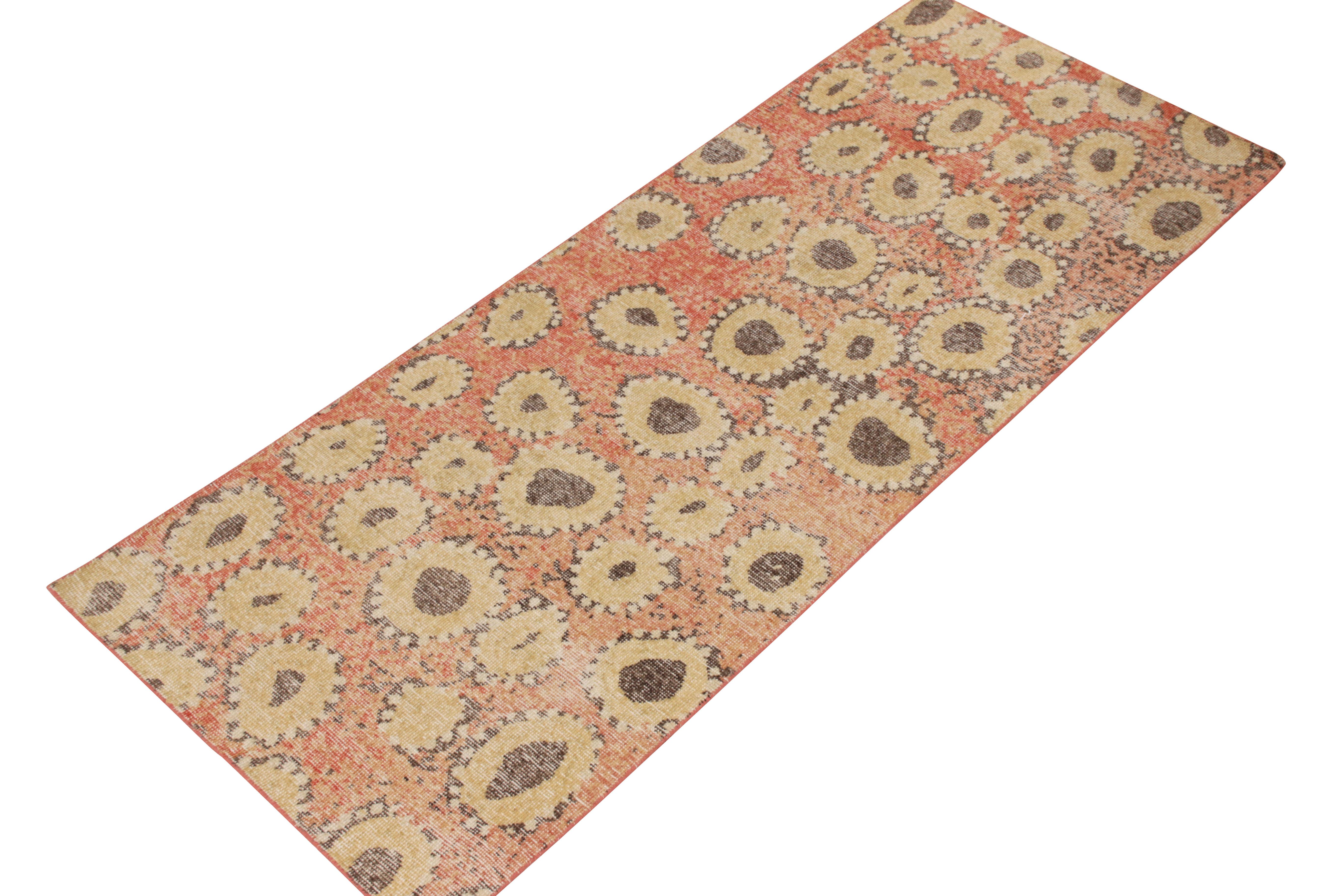 Indian Rug & Kilim's Distressed Style Modern Runner in Red, Beige-Brown Circle Pattern For Sale