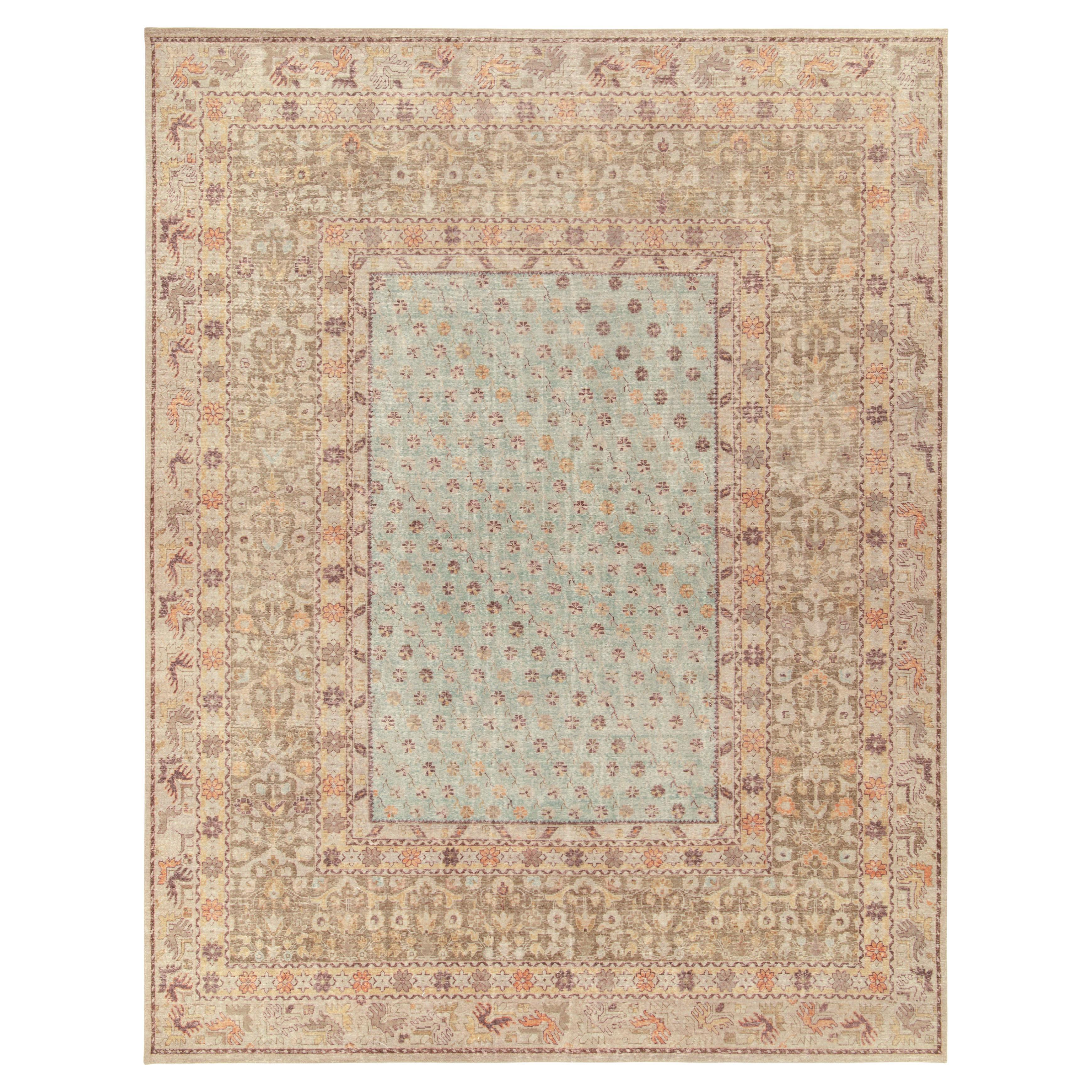  Rug & Kilim's Distressed Style Rug in Blue, Beige-Brown Floral Pattern For Sale