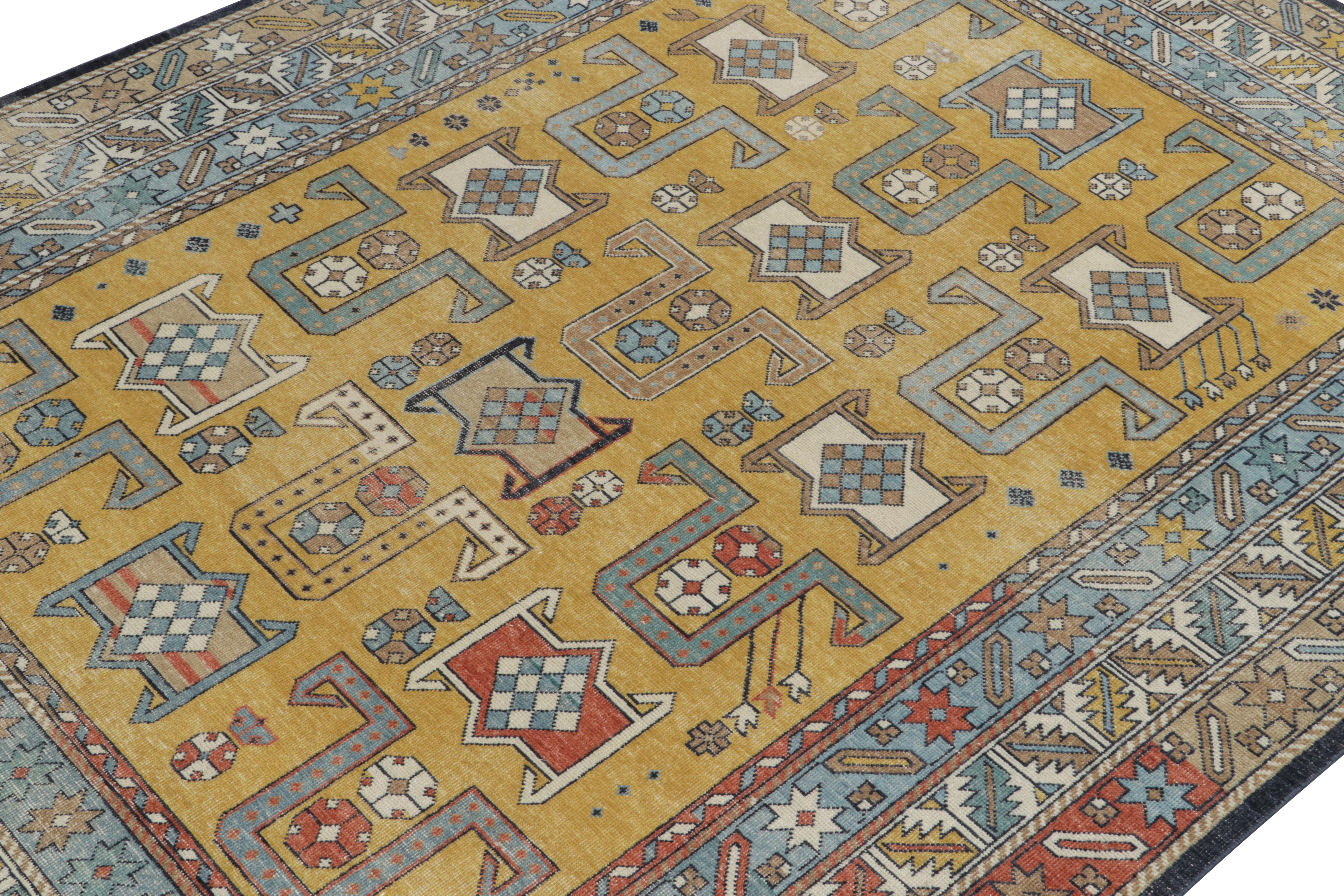 Indian Rug & Kilim's Distressed Style Rug in Blue, Gold and Beige Geometric Pattern For Sale