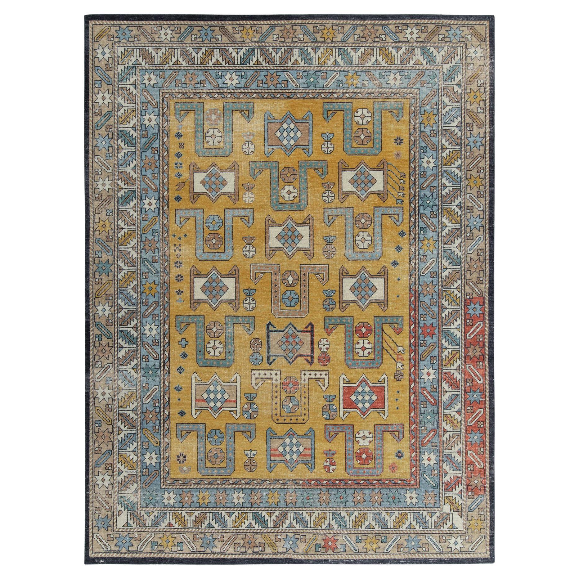 Rug & Kilim's Distressed Style Rug in Blue, Gold and Beige Geometric Pattern For Sale