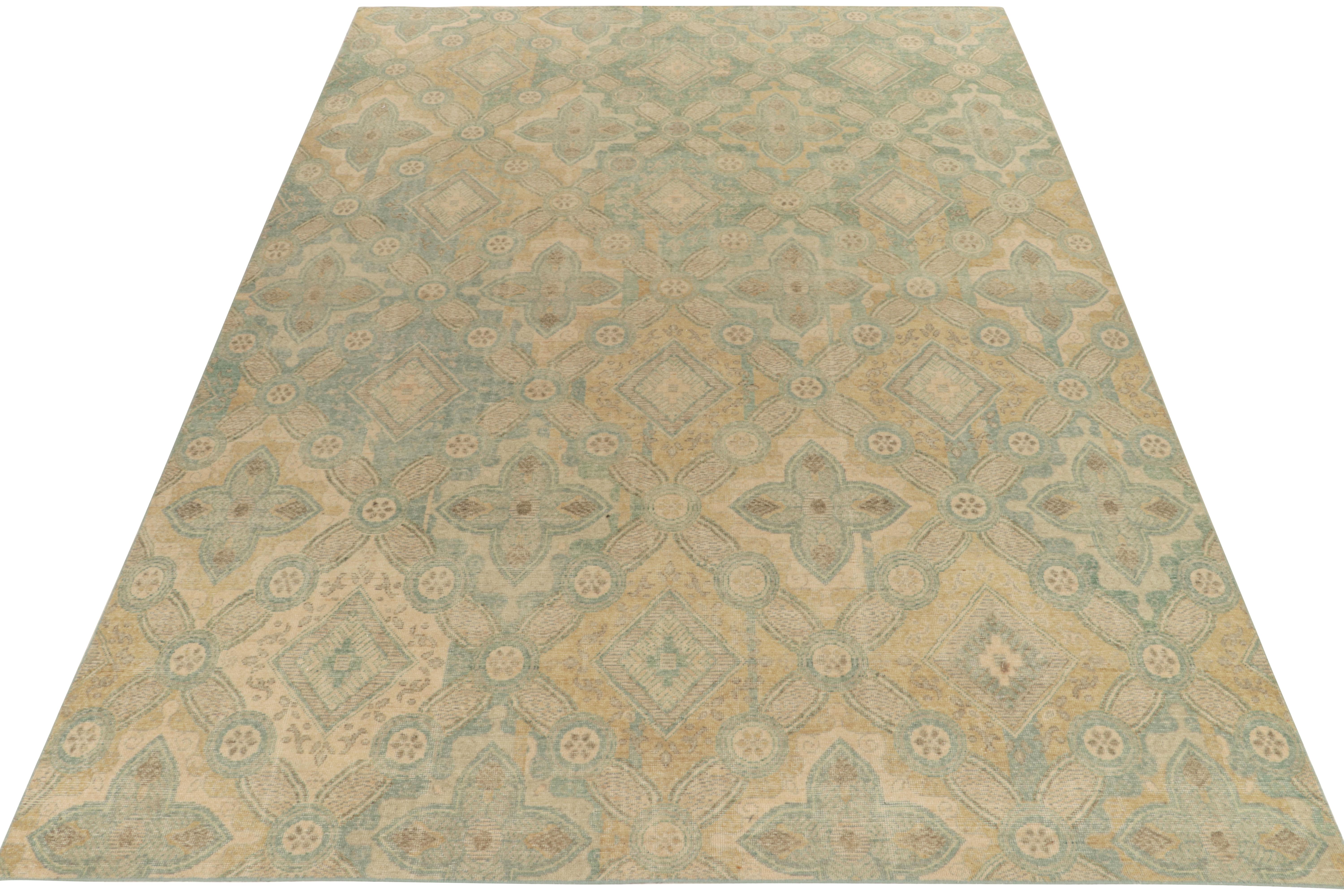 Art Deco Distressed Style Rug in Blue & Gold Deco Pattern by Rug & Kilim For Sale