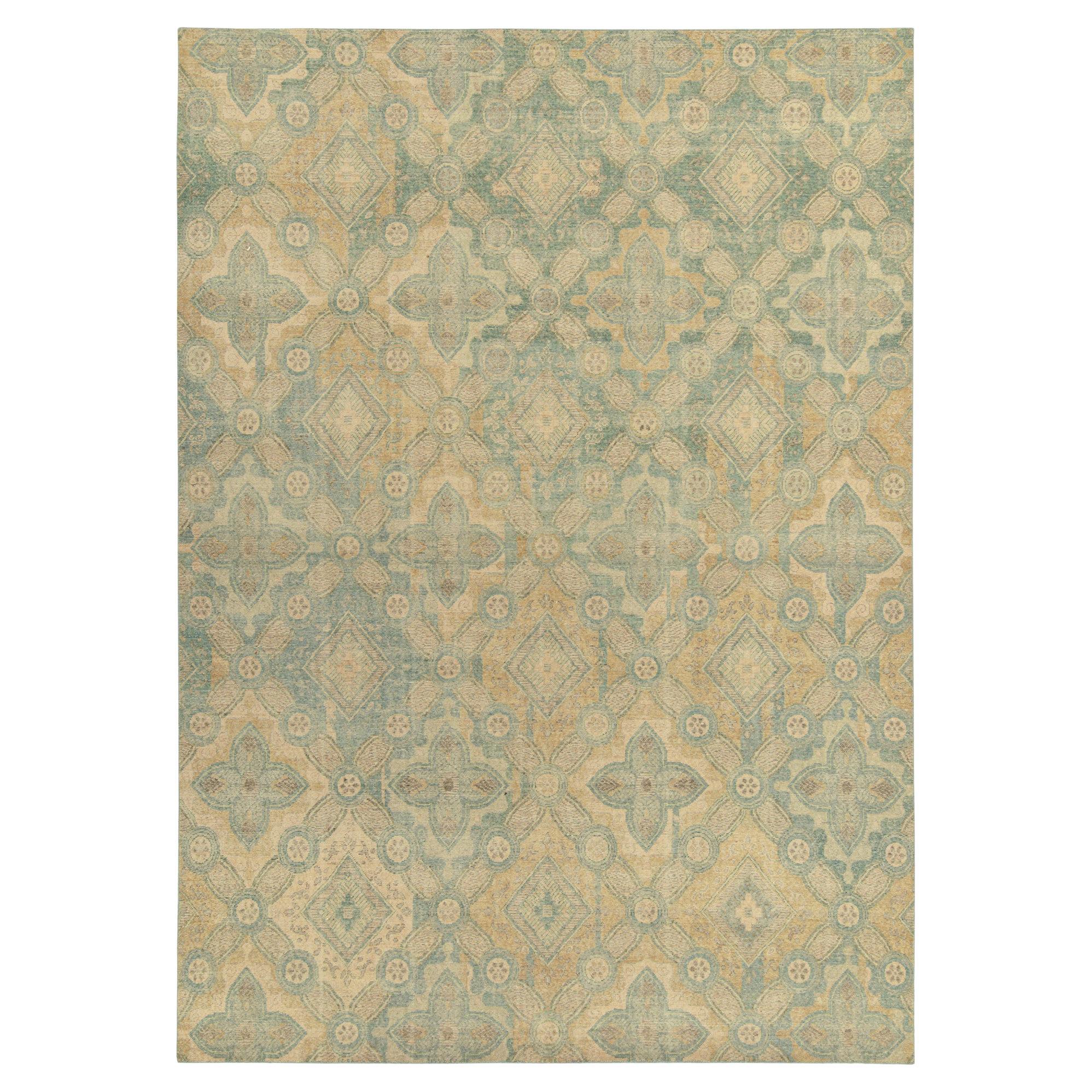 Distressed Style Rug in Blue & Gold Deco Pattern by Rug & Kilim For Sale