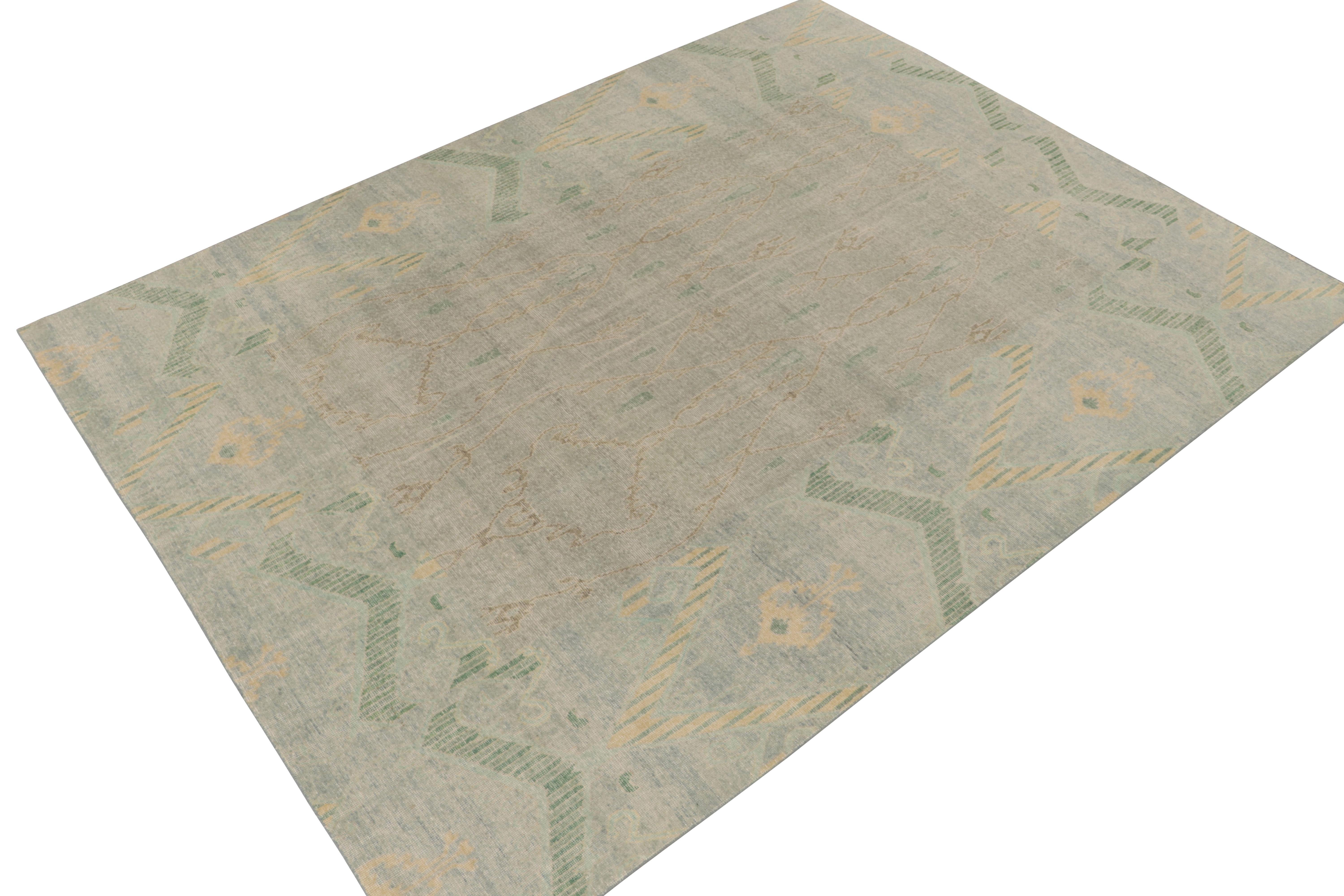 Belonging to our Homage collection, a 9x12 hand-knotted rug enjoying a beautiful calm personality with unique colorway & graph. The distressed vision manifests with sublime patterns inspired by classic Ikat patterns in light blue, forest green &