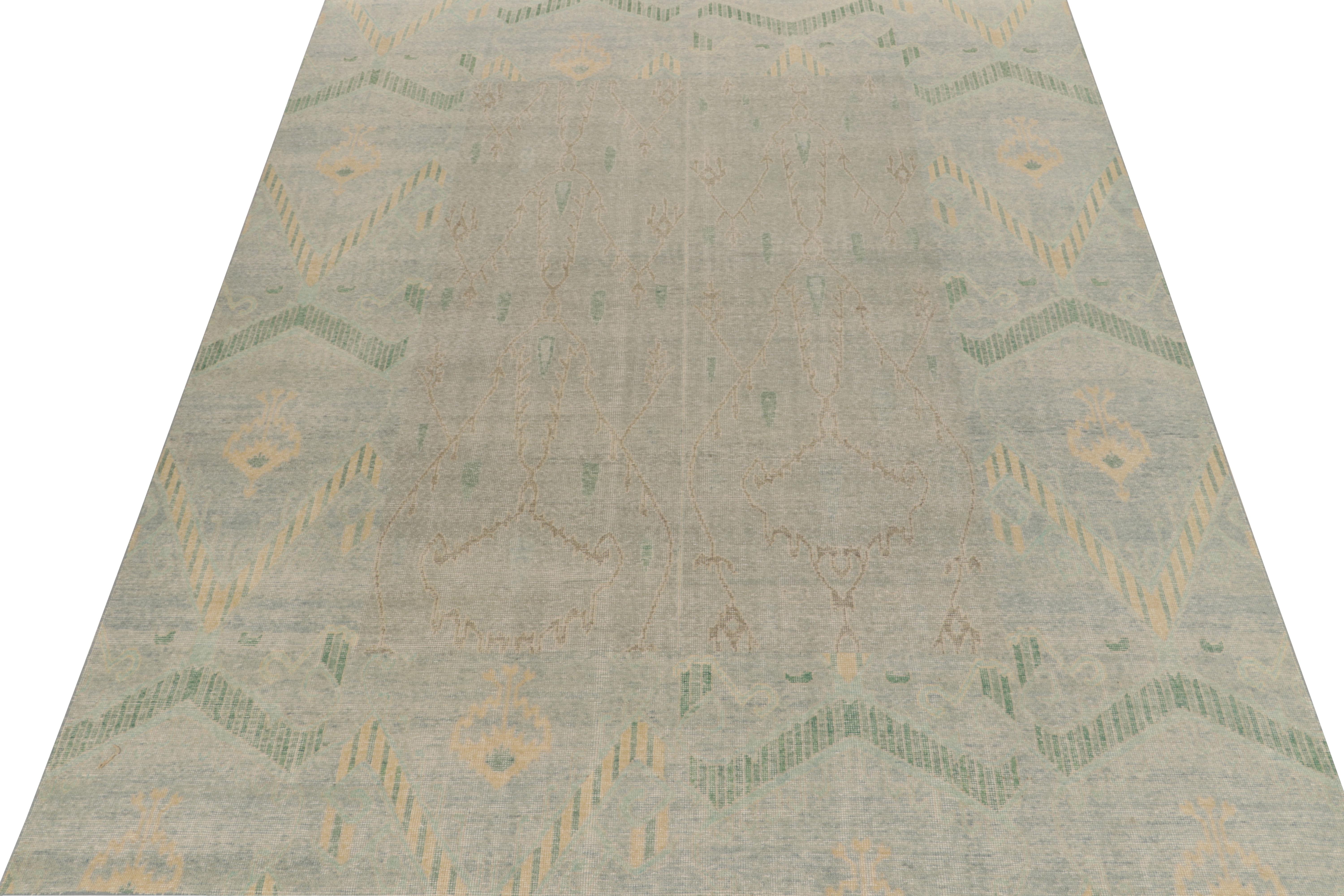 Modern Rug & Kilim's Distressed Style Rug in Blue, Green, Gold Ikats Pattern For Sale