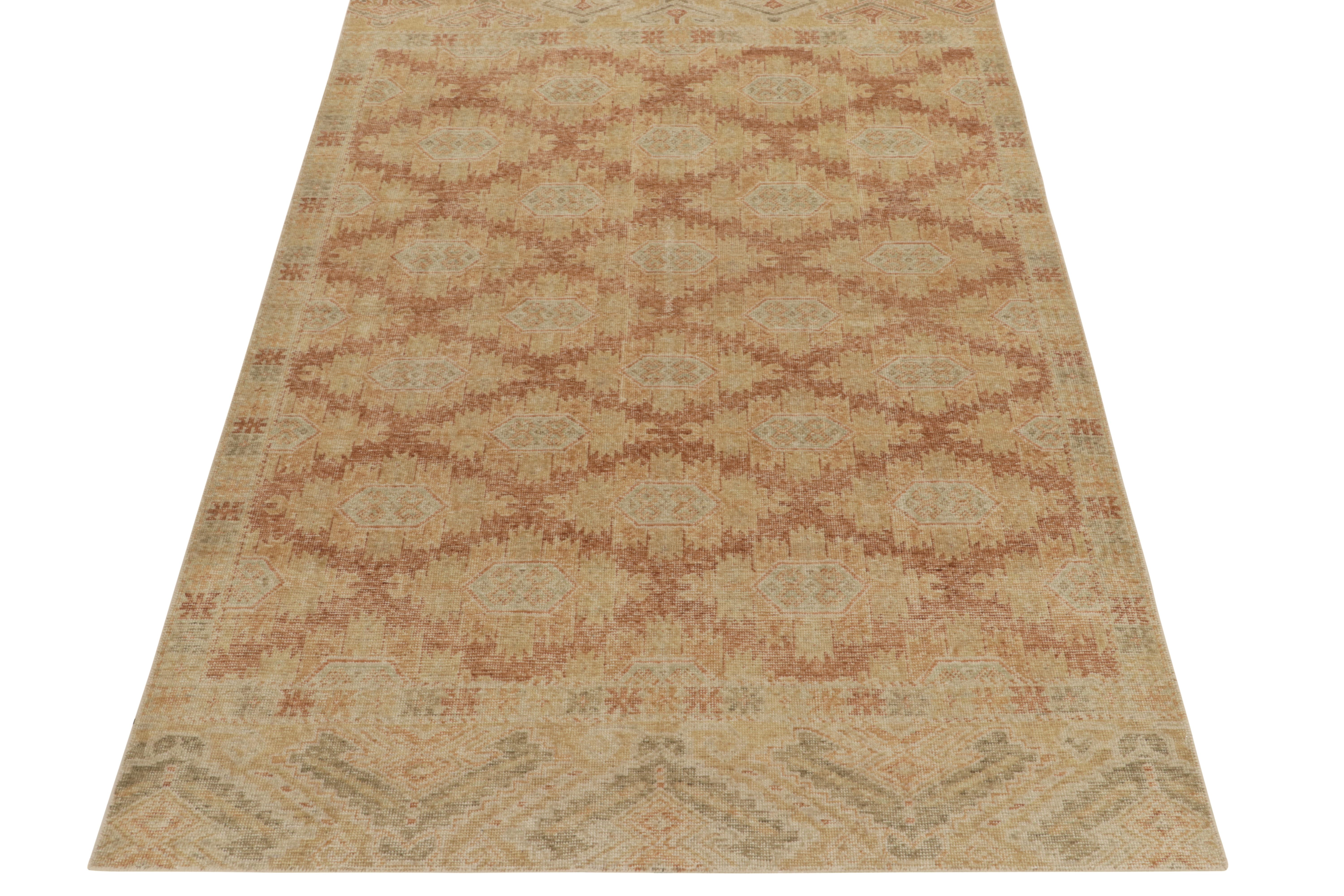 A 6x9 distressed style rug from Rug & Kilim’s Homage collection enjoying a montage of geometric patterns & tribal motifs. Hand-knotted in texturally fine, low-height wool pile, the vision enjoys a visually arresting appeal with the traditional