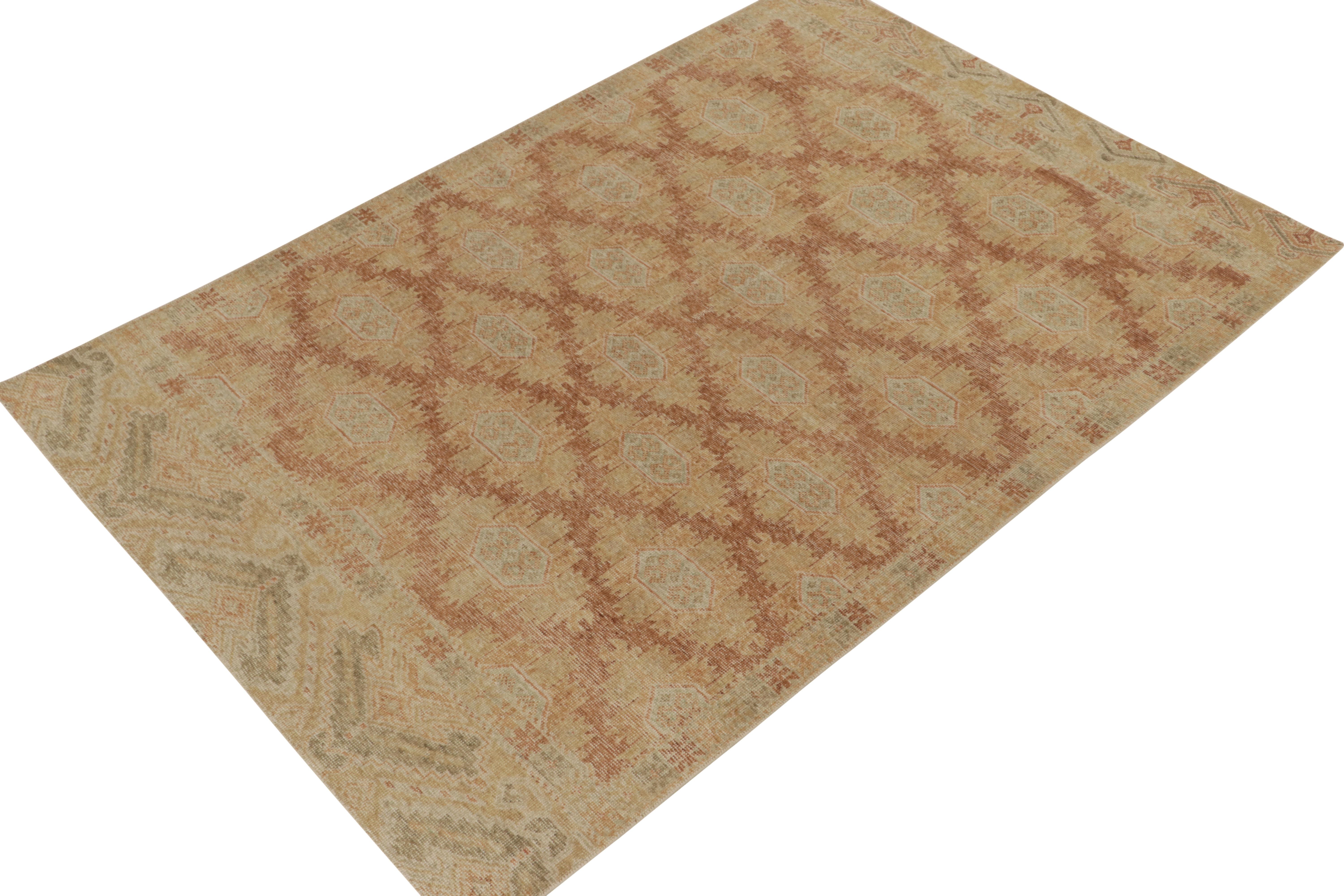 Modern Rug & Kilim's Distressed Style Rug in Gold & Brown Geometric Pattern For Sale