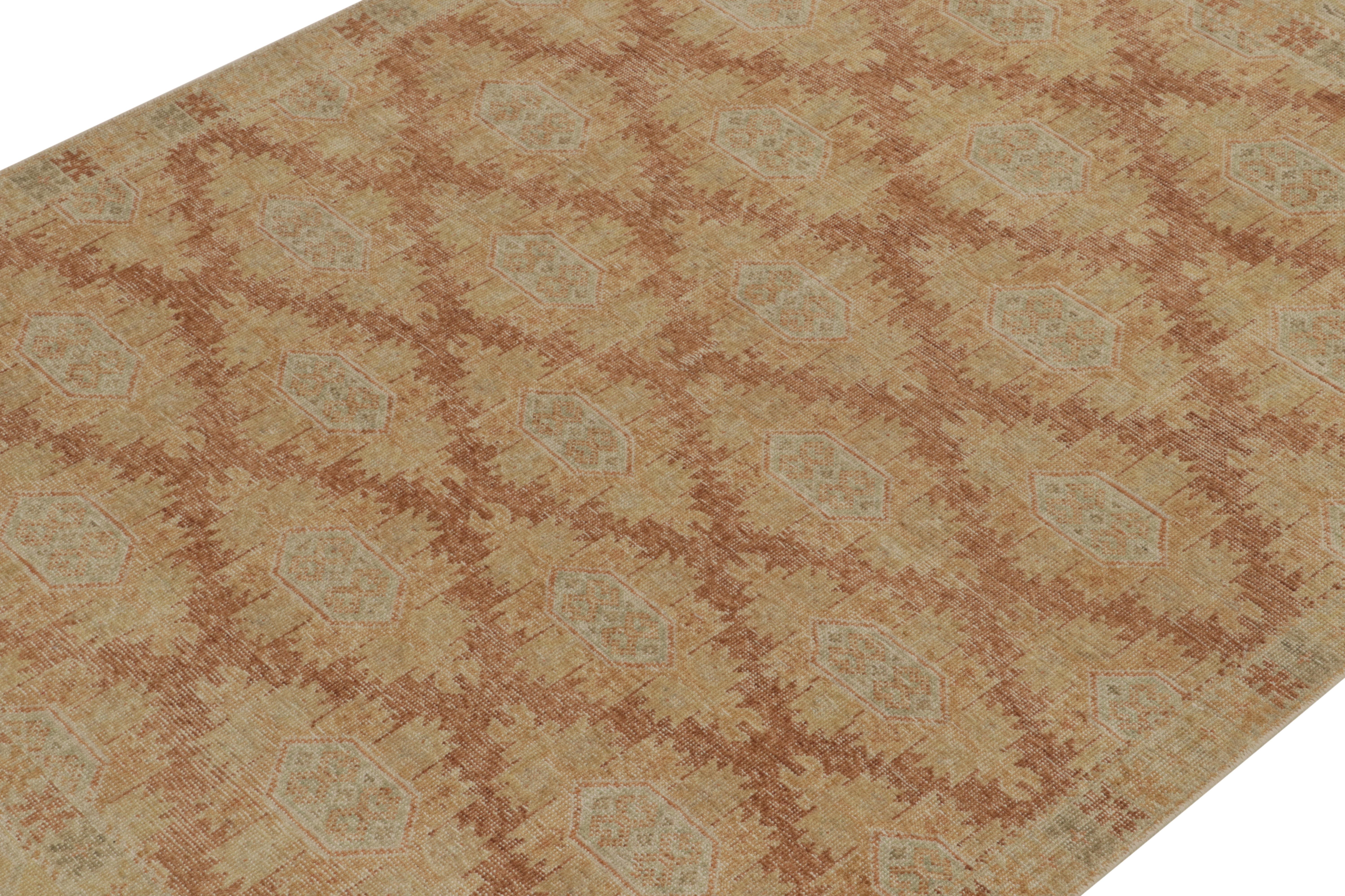 Indian Rug & Kilim's Distressed Style Rug in Gold & Brown Geometric Pattern For Sale