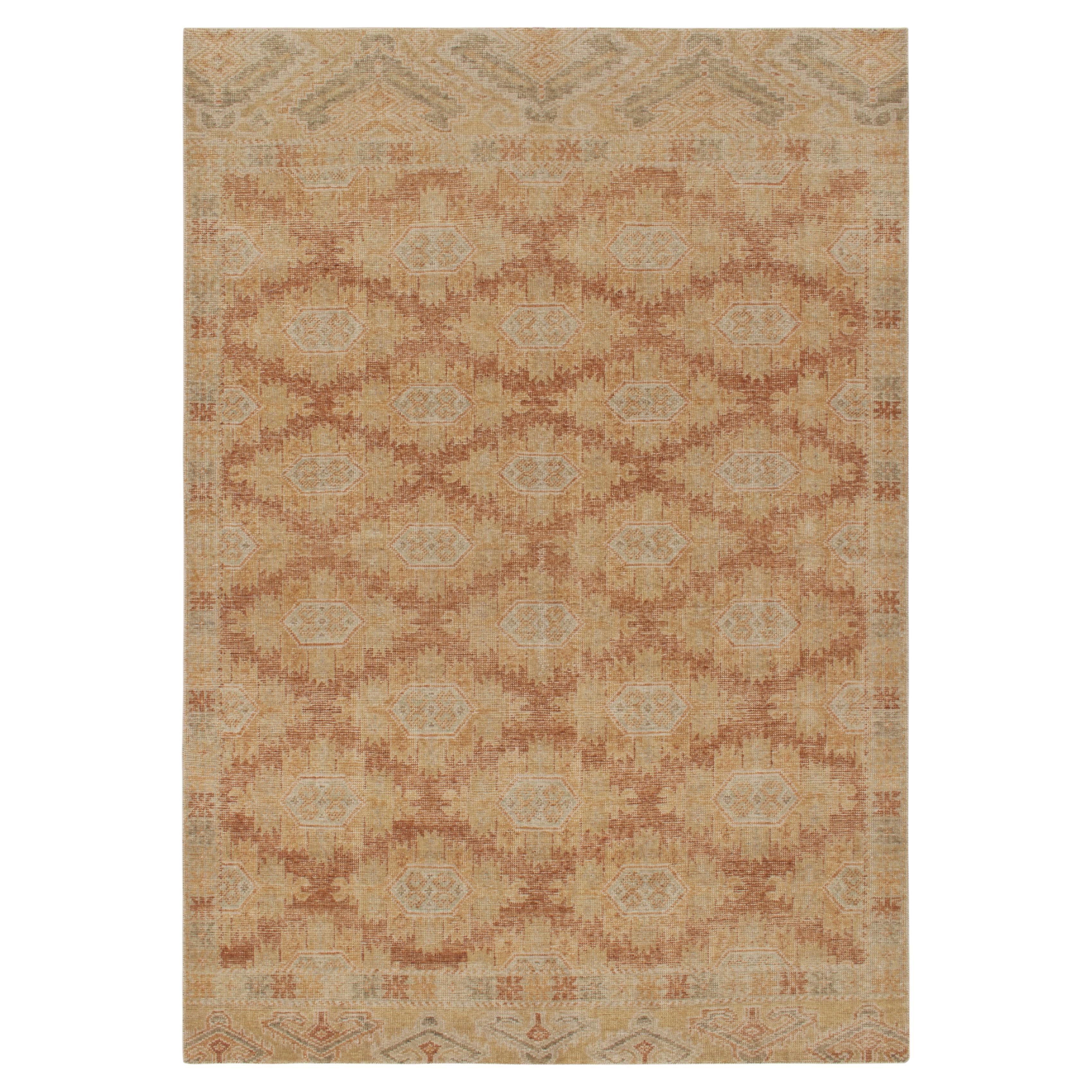 Rug & Kilim's Distressed Style Rug in Gold & Brown Geometric Pattern For Sale