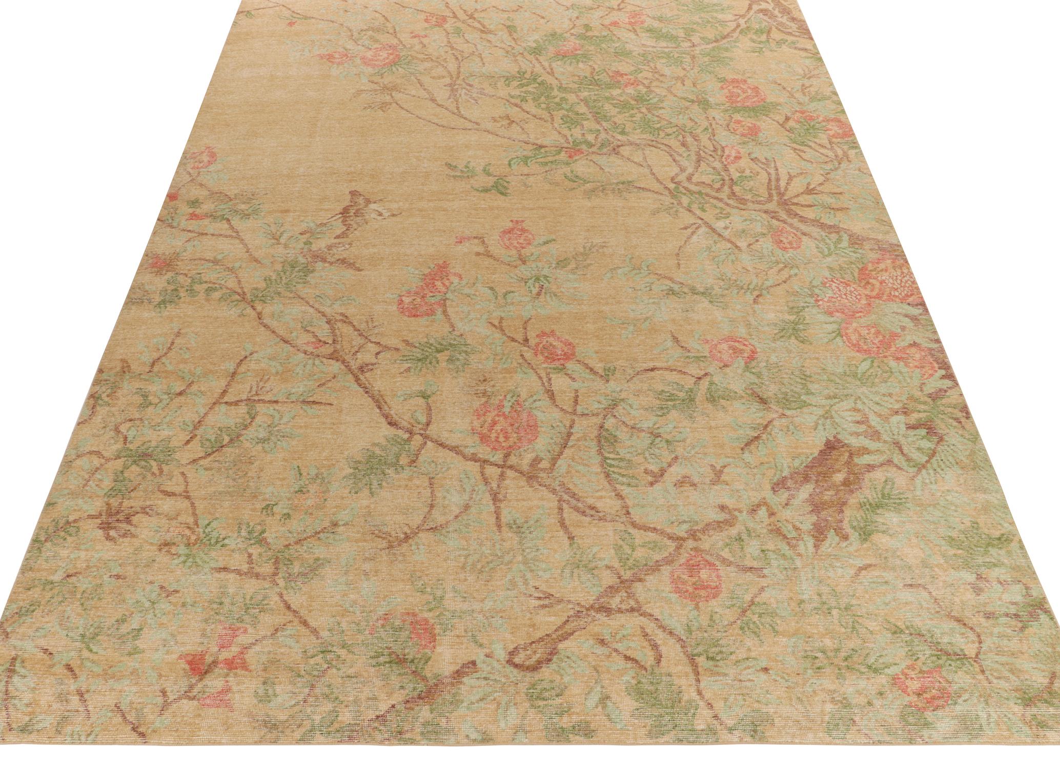 Modern Rug & Kilim's Distressed Style Rug in Golden-Brown, Green & Red Floral Pattern For Sale
