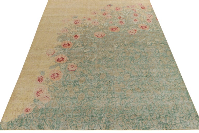 A delicious 9x12 distressed style rug from our Homage Collection, featuring a classically inspired floral pattern enjoying peach-orange, scarlet red & forest green tones transitioning beautifully to gray-blue hues with an alluring shabby chic