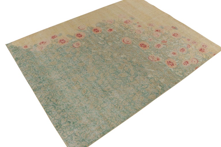 Modern Distressed Style Rug in Green, Blue & Gold Floral Pattern by Rug & Kilim For Sale