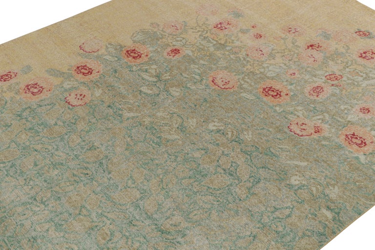 Indian Distressed Style Rug in Green, Blue & Gold Floral Pattern by Rug & Kilim For Sale