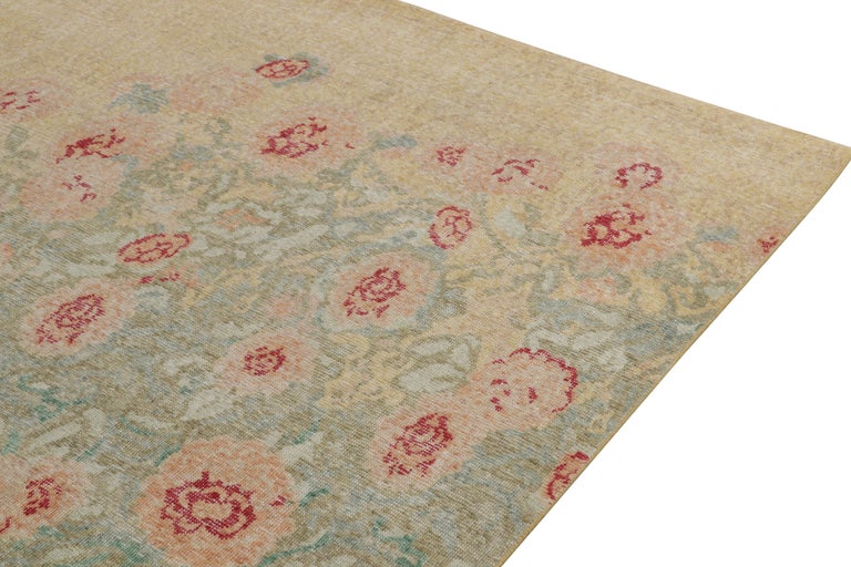 Hand-Knotted Distressed Style Rug in Green, Blue & Gold Floral Pattern by Rug & Kilim For Sale