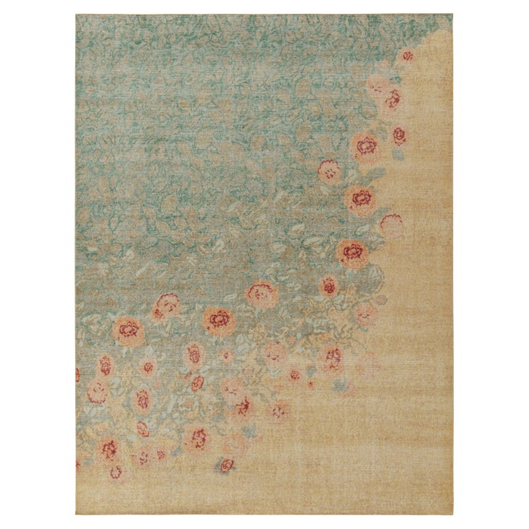 Distressed Style Rug in Green, Blue & Gold Floral Pattern by Rug & Kilim For Sale