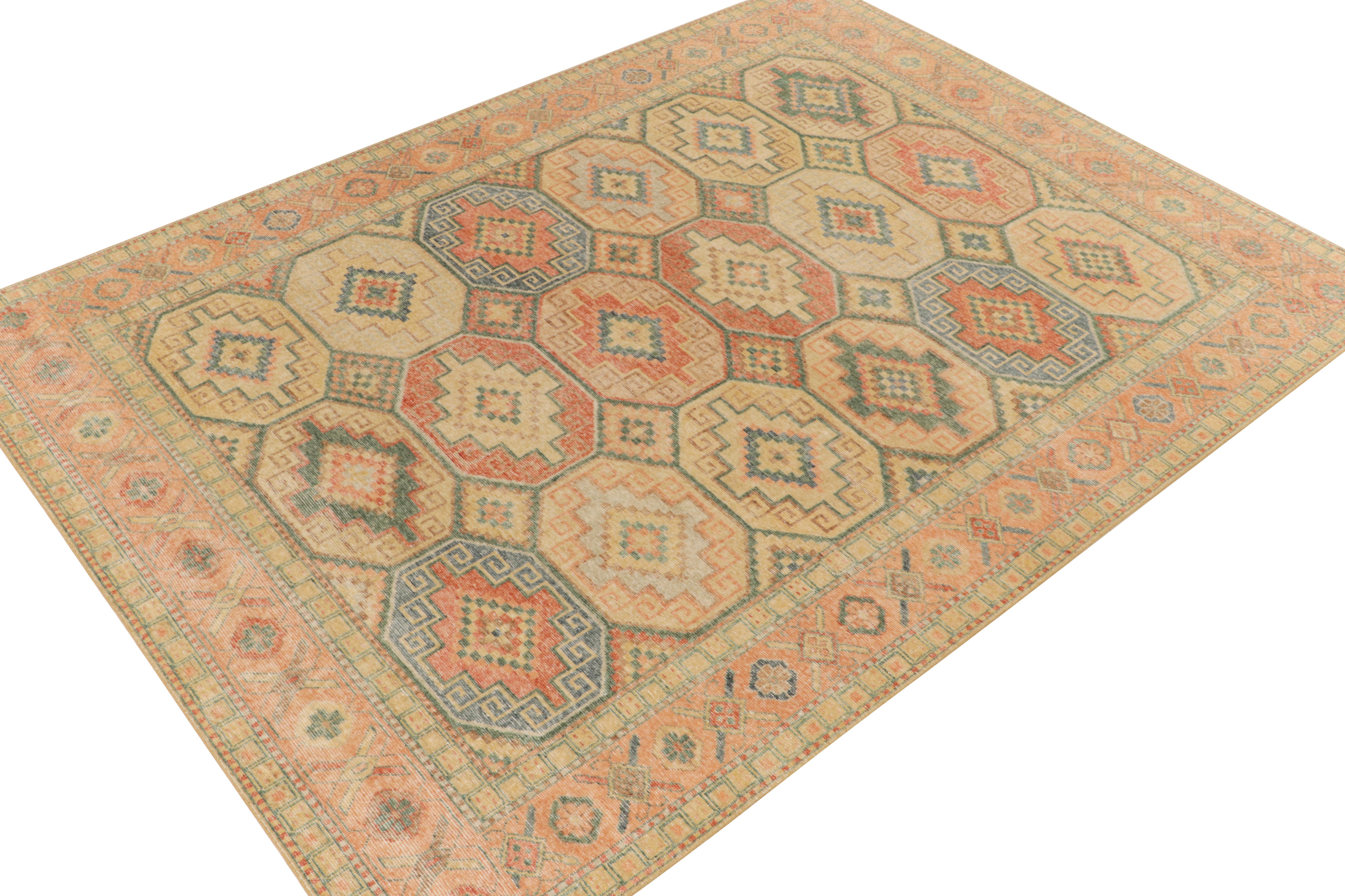 Tribal Rug & Kilim's Distressed Style Rug in Orange, Blue & Beige Geometric Pattern For Sale