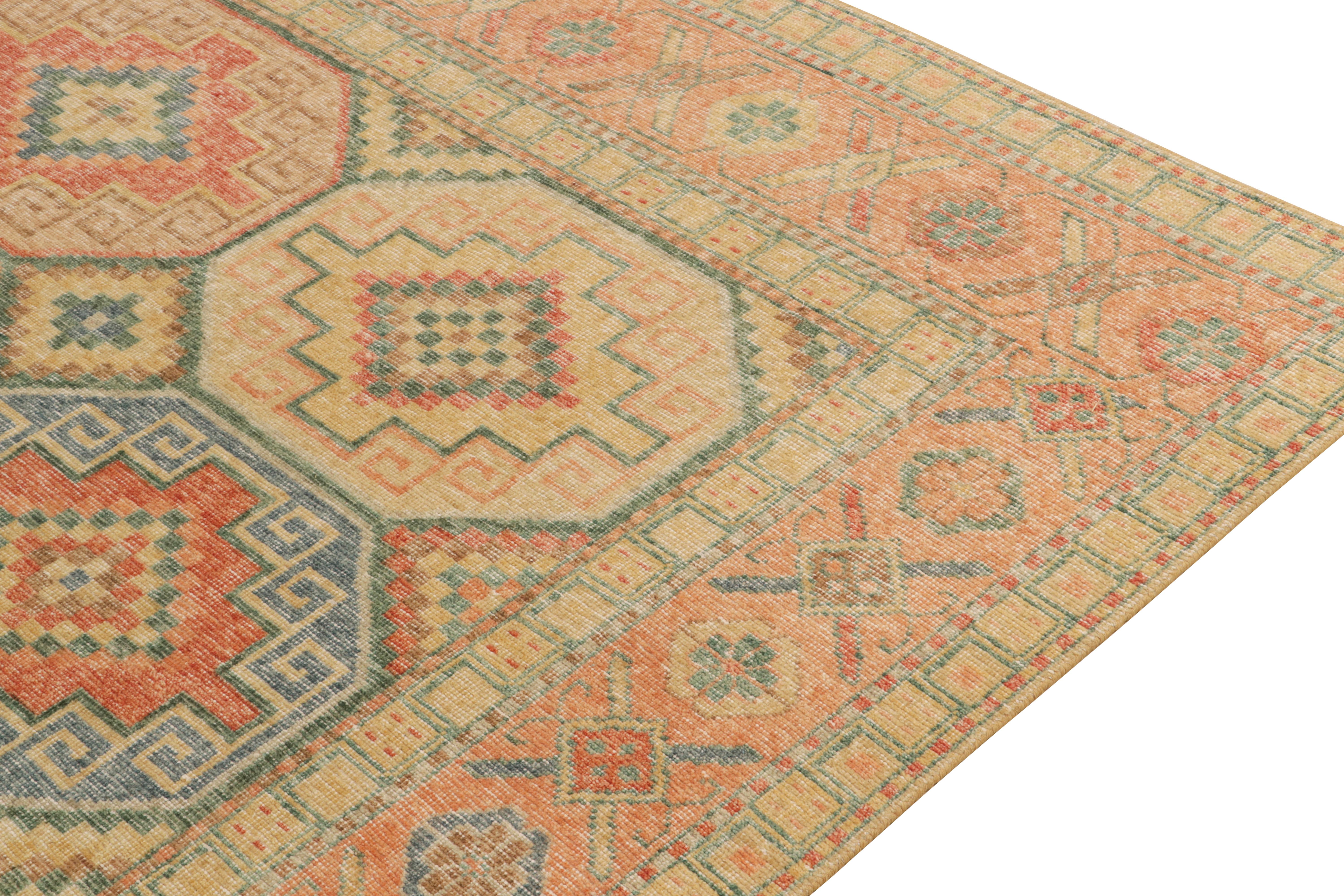 Hand-Knotted Rug & Kilim's Distressed Style Rug in Orange, Blue & Beige Geometric Pattern For Sale