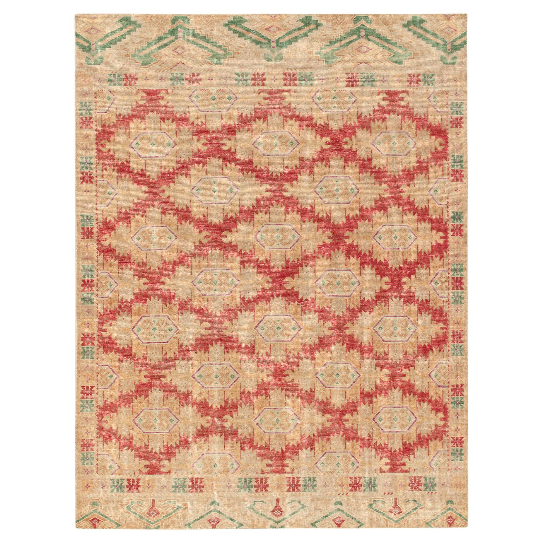 Rug & Kilim's Distressed Style Rug in Red, Gold, Green Geometric Pattern For Sale