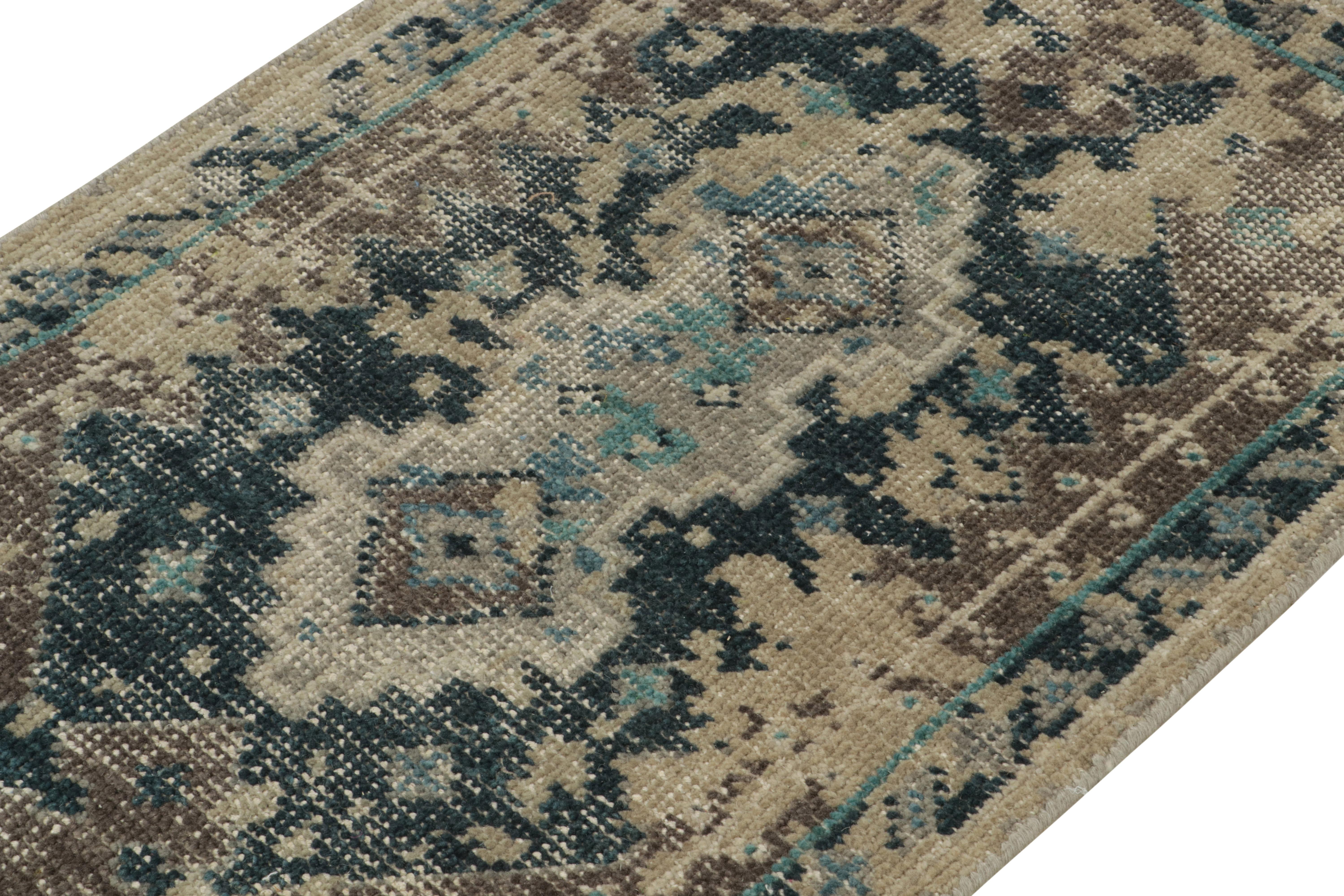 Hand-Knotted Rug & Kilim's Distressed Style Scatter Rug in Blue, Beige-Brown Pattern For Sale