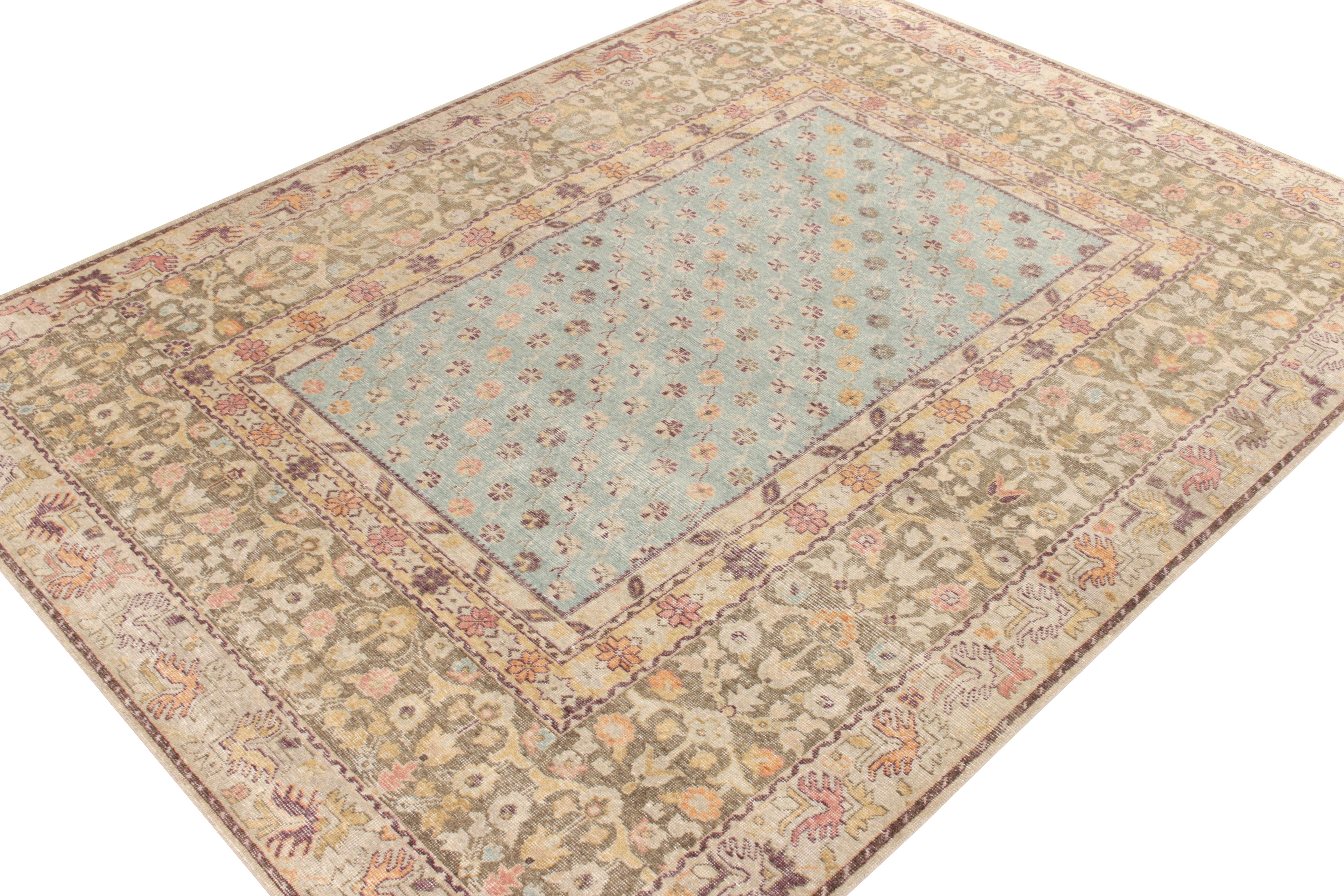 Hand-Knotted Rug & Kilim's Distressed Style Transitional Floral Rug in Blue, Beige Florals For Sale