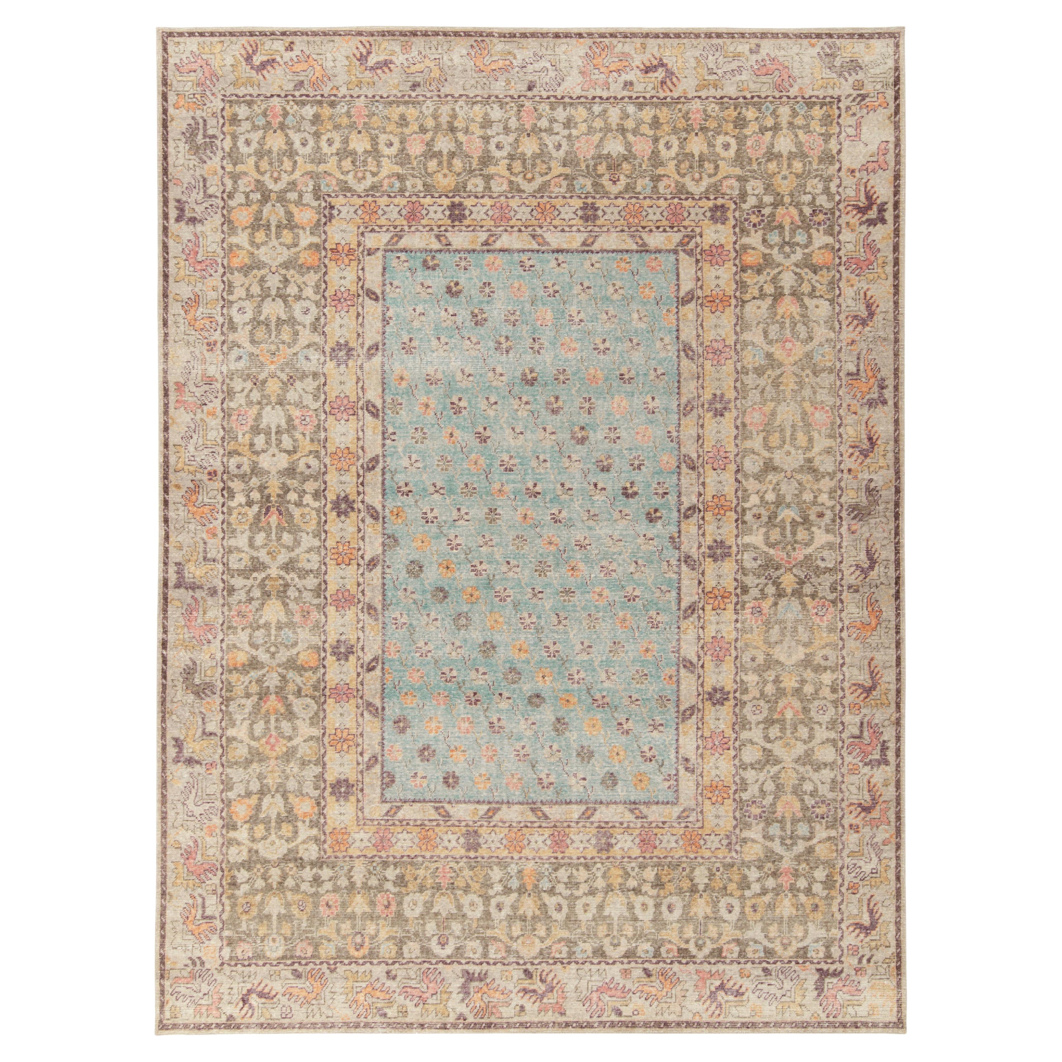 Rug & Kilim's Distressed Style Transitional Floral Rug in Blue, Beige Florals