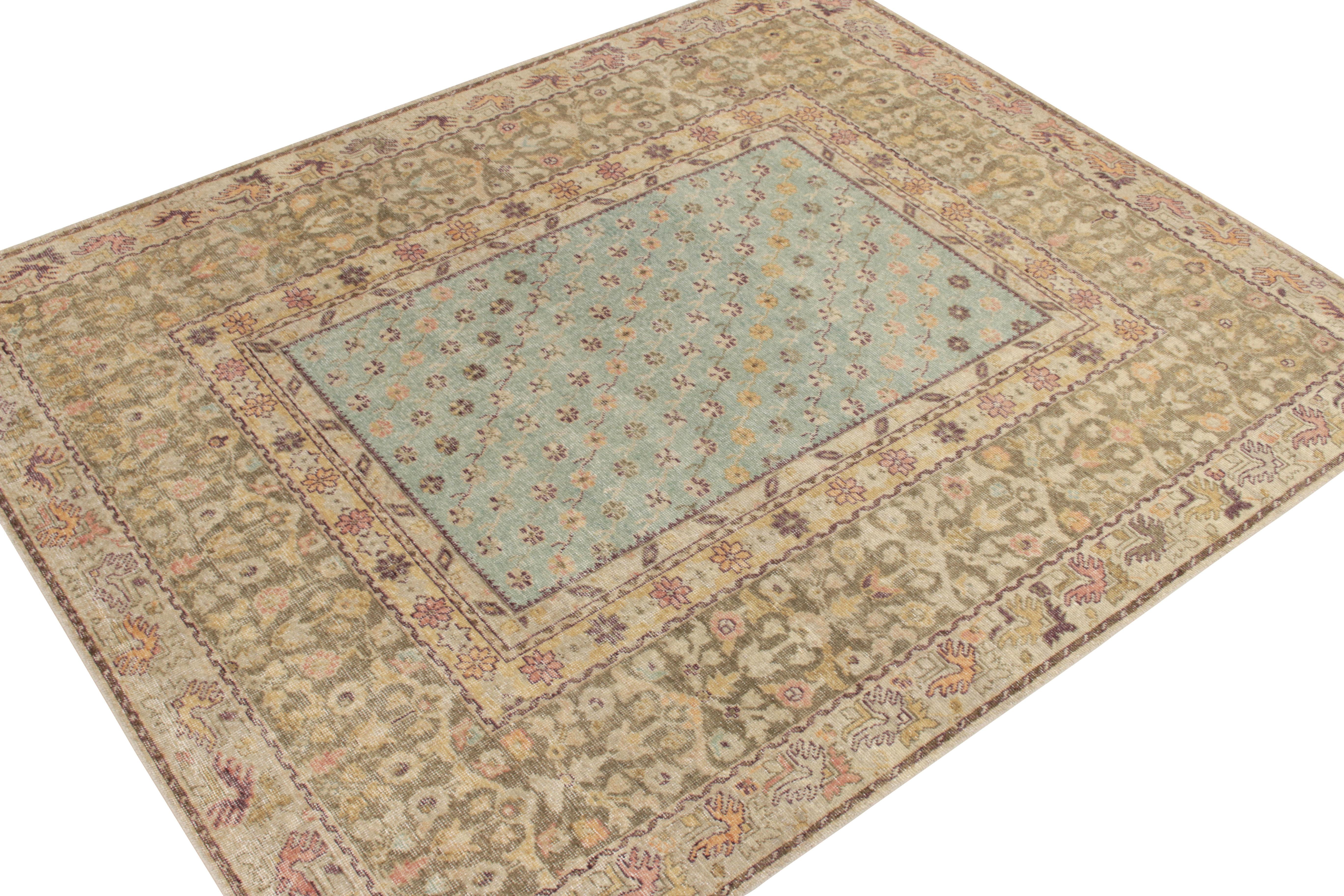 Indian Rug & Kilim's Distressed Style Transitional Floral Rug in Blue, Green Border For Sale