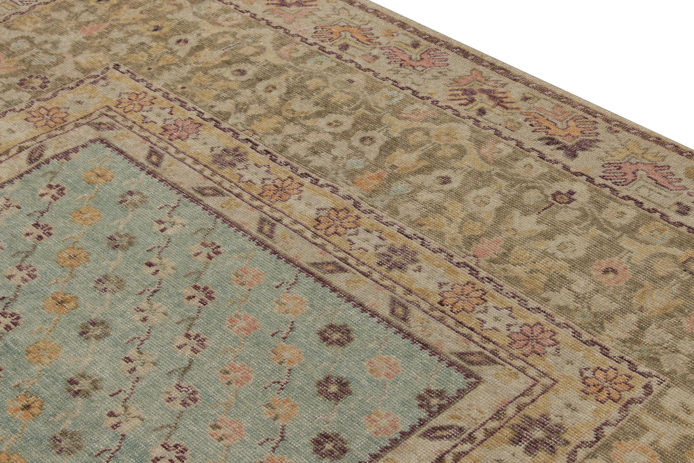 Hand-Knotted Rug & Kilim's Distressed Style Transitional Floral Rug in Blue, Green Border For Sale