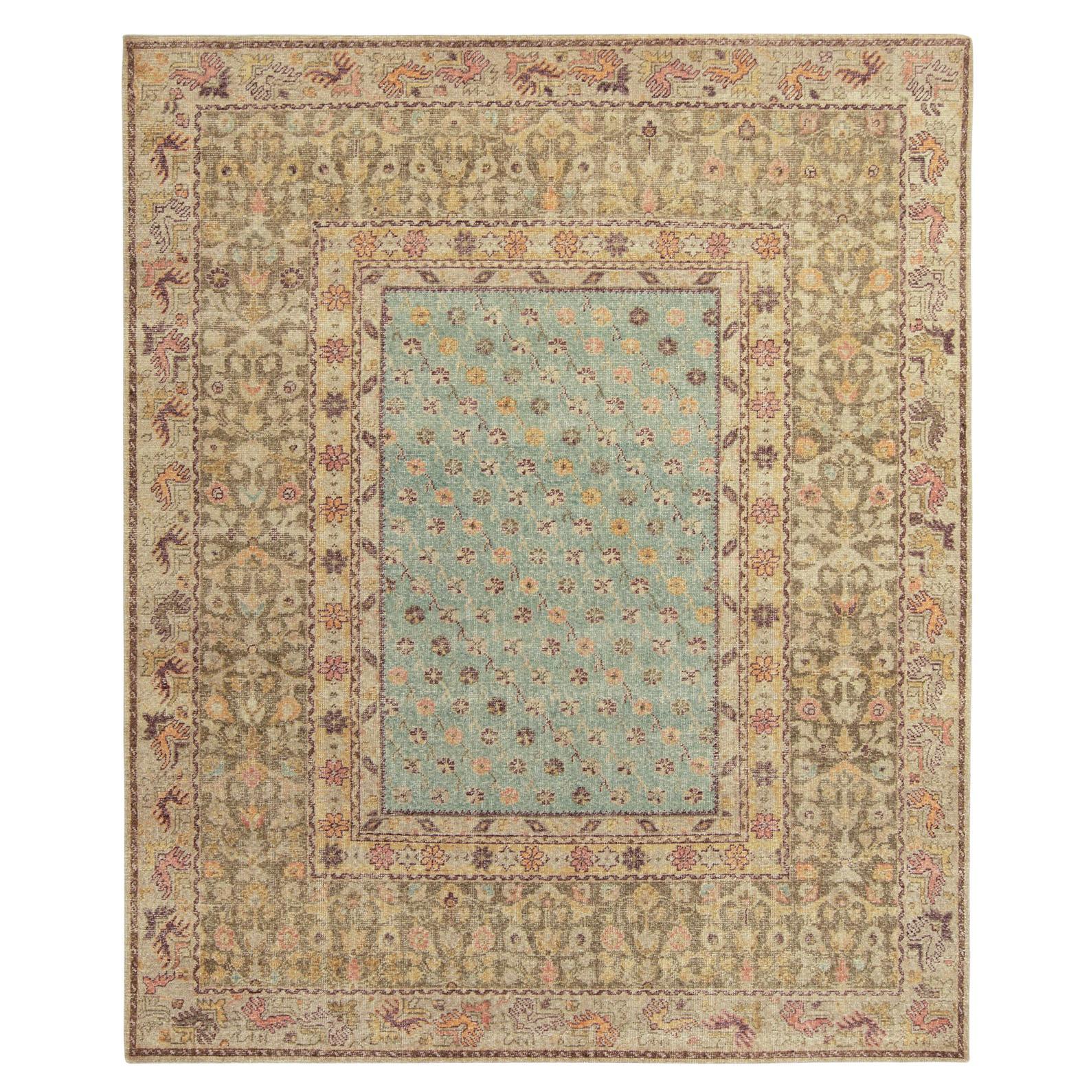 Rug & Kilim's Distressed Style Transitional Floral Rug in Blue, Green Border