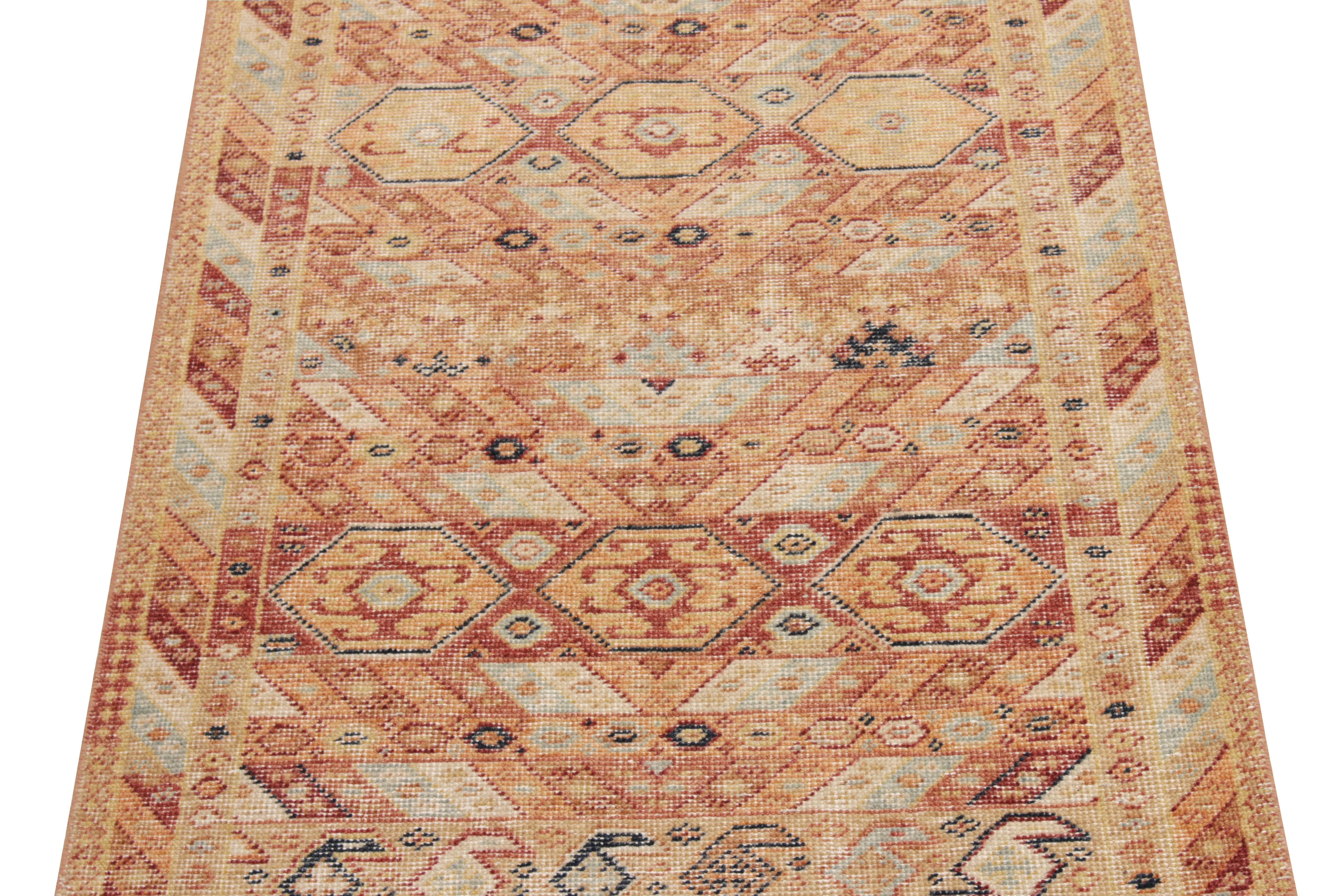 Hand-Knotted Rug & Kilim's Distressed Style Tribal Runner in Orange, Red & Blue Pattern For Sale