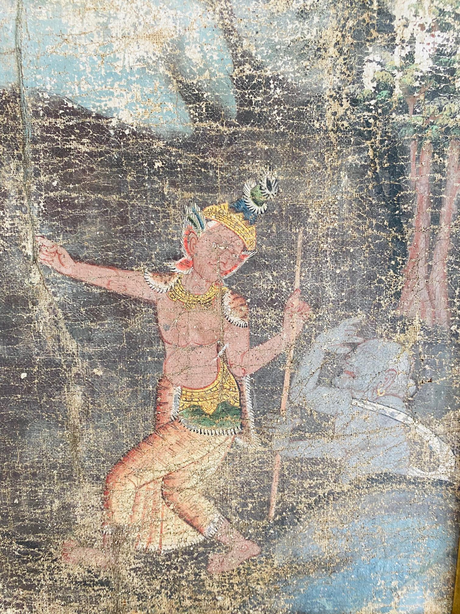 Walnut Distressed Thai Painting of Temple Dancer and Buddhist Monkey God, circa 1950 For Sale
