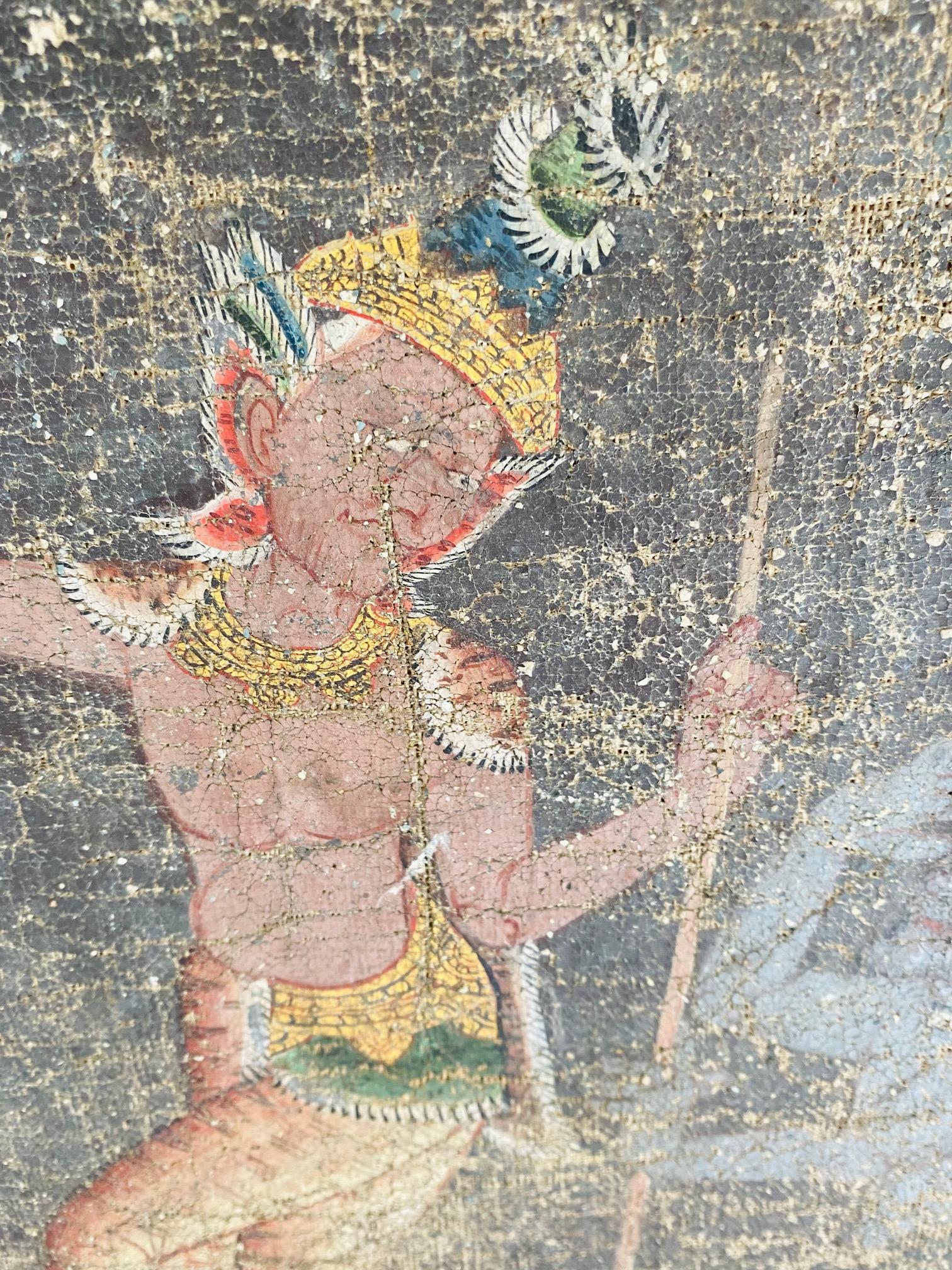 Distressed Thai Painting of Temple Dancer and Buddhist Monkey God, circa 1950 For Sale 1