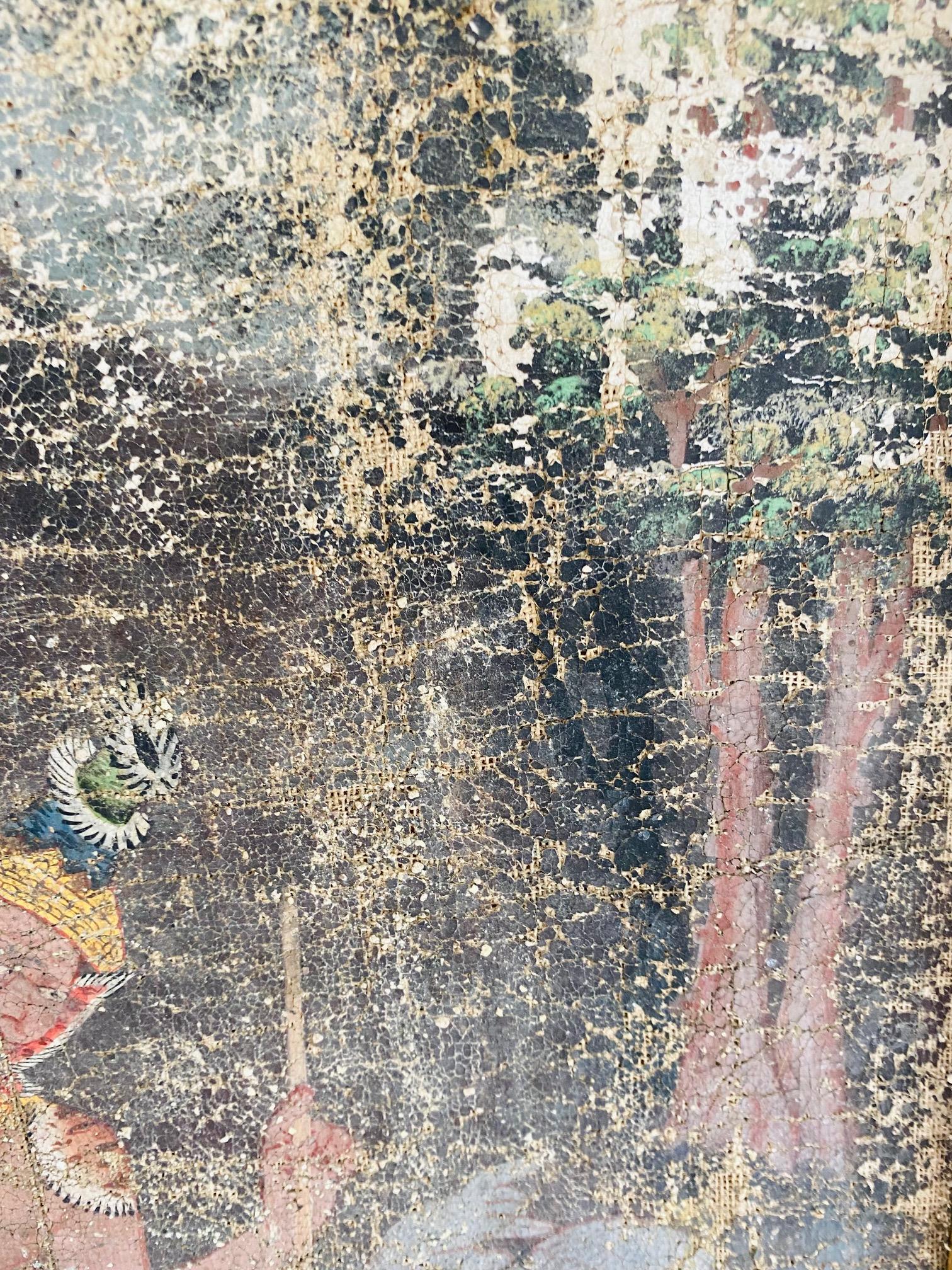 Distressed Thai Painting of Temple Dancer and Buddhist Monkey God, circa 1950 For Sale 2