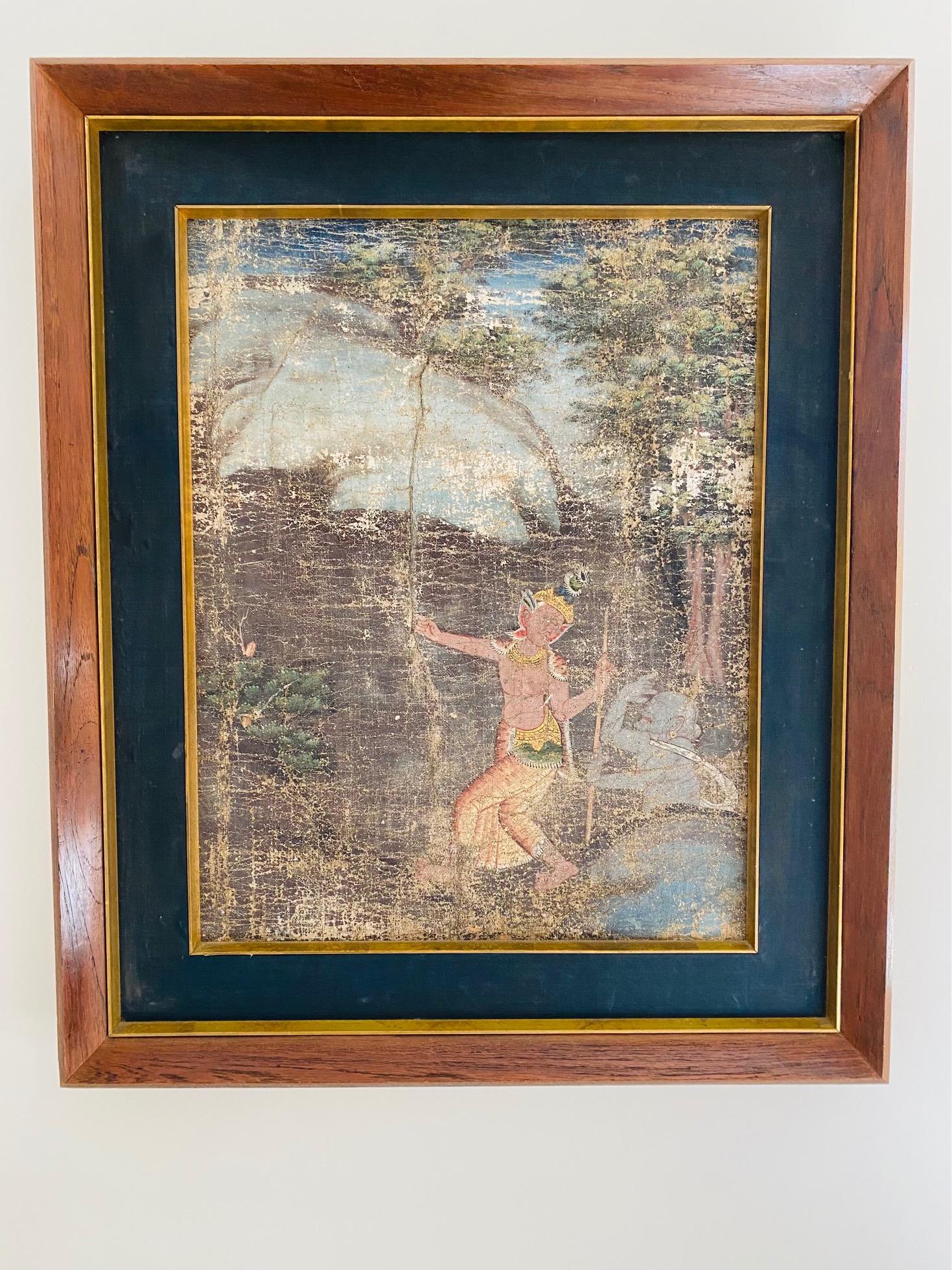 Antique Thai painting depicting an Aspara or dancing nymph in the forest with perhaps Hanuman, The Monkey God, recognized in both Hindu and Buddhist religions for his strength and extraordinary feats. Oil on board painting may date back to the late