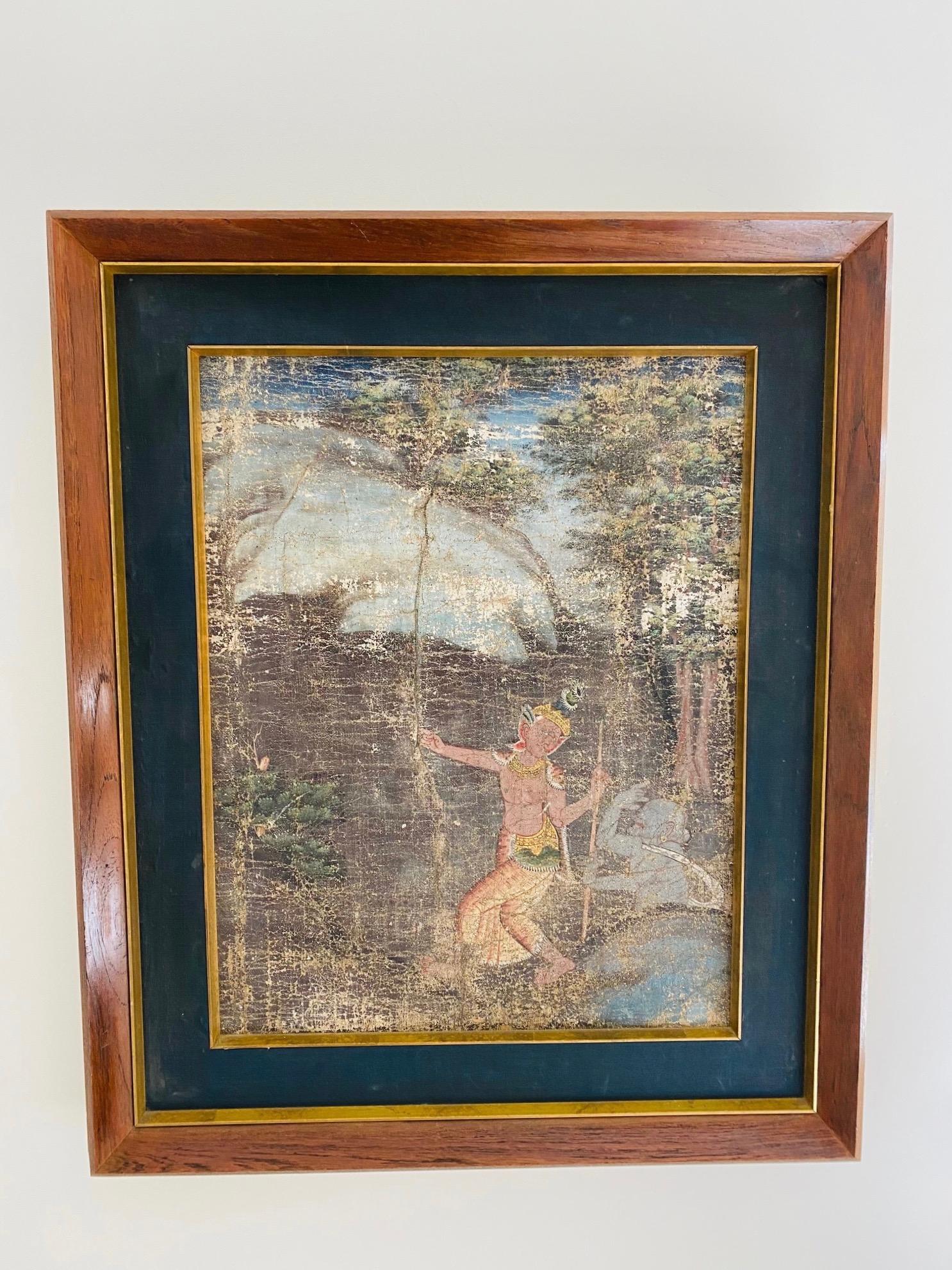 Mid-Century Modern Distressed Thai Painting of Temple Dancer and Buddhist Monkey God, circa 1950 For Sale