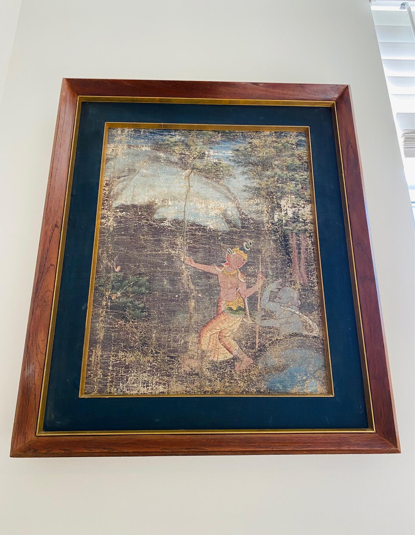 Hand-Crafted Distressed Thai Painting of Temple Dancer and Buddhist Monkey God, circa 1950 For Sale