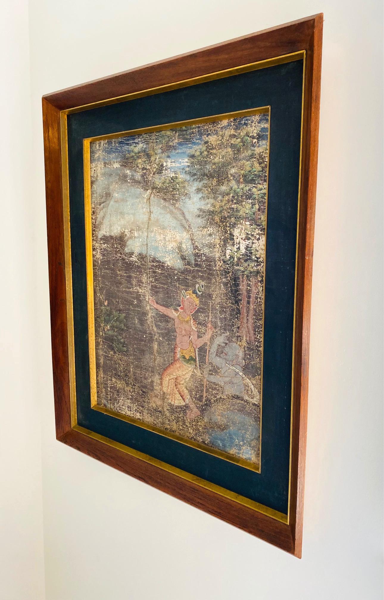 Distressed Thai Painting of Temple Dancer and Buddhist Monkey God, circa 1950 In Distressed Condition For Sale In Fort Lauderdale, FL